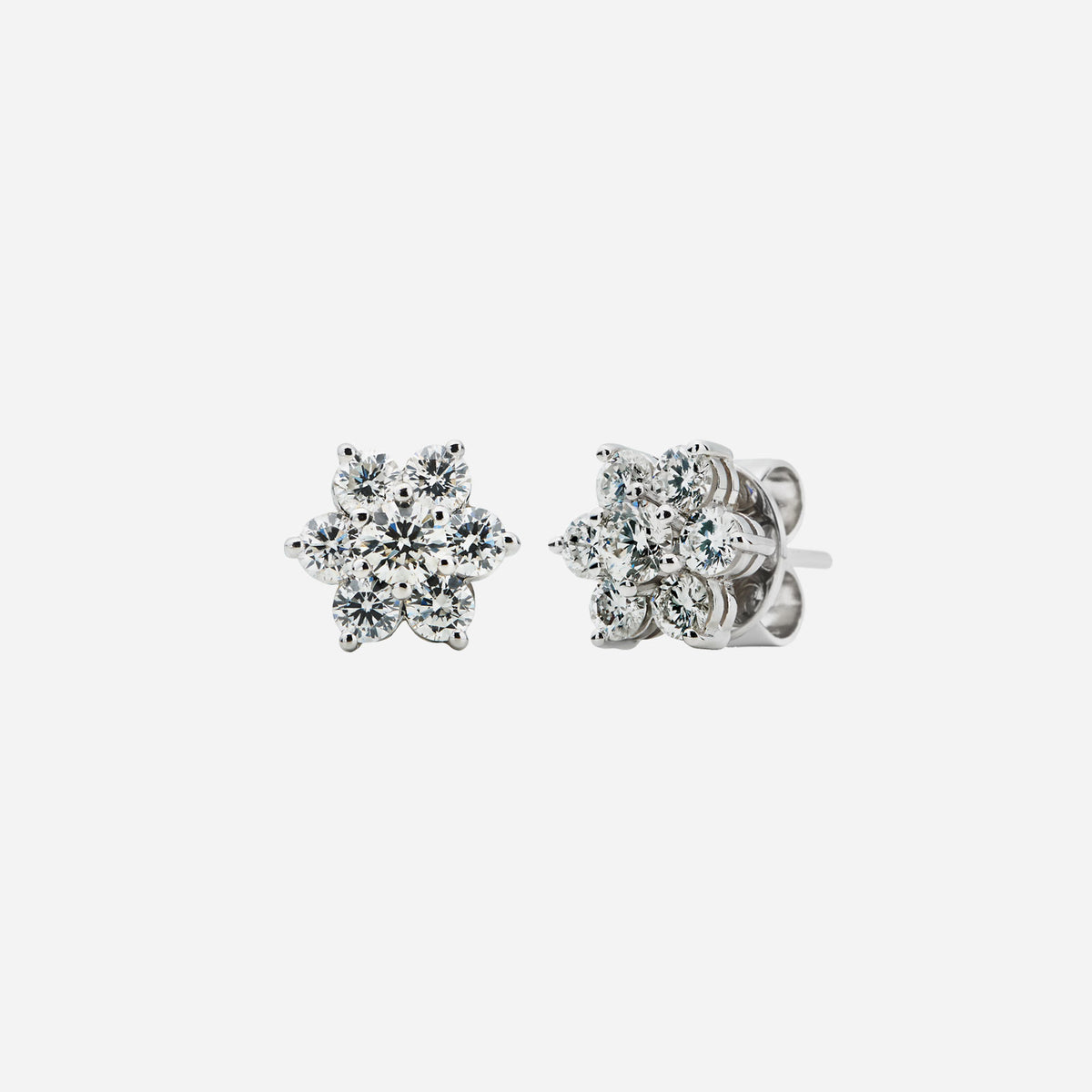 blossom diamond earrings in 18k white gold with six brilliant diamonds forming a flower design.