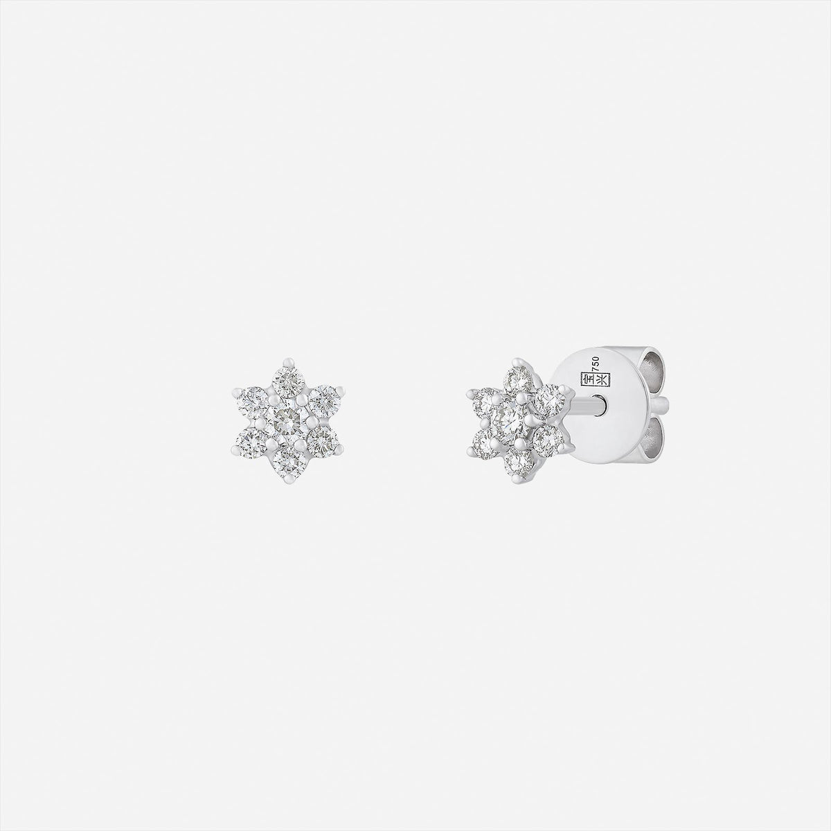 blossom diamond earrings in 18k white gold, six-petal design with sparkling diamonds, perfect for everyday elegance.