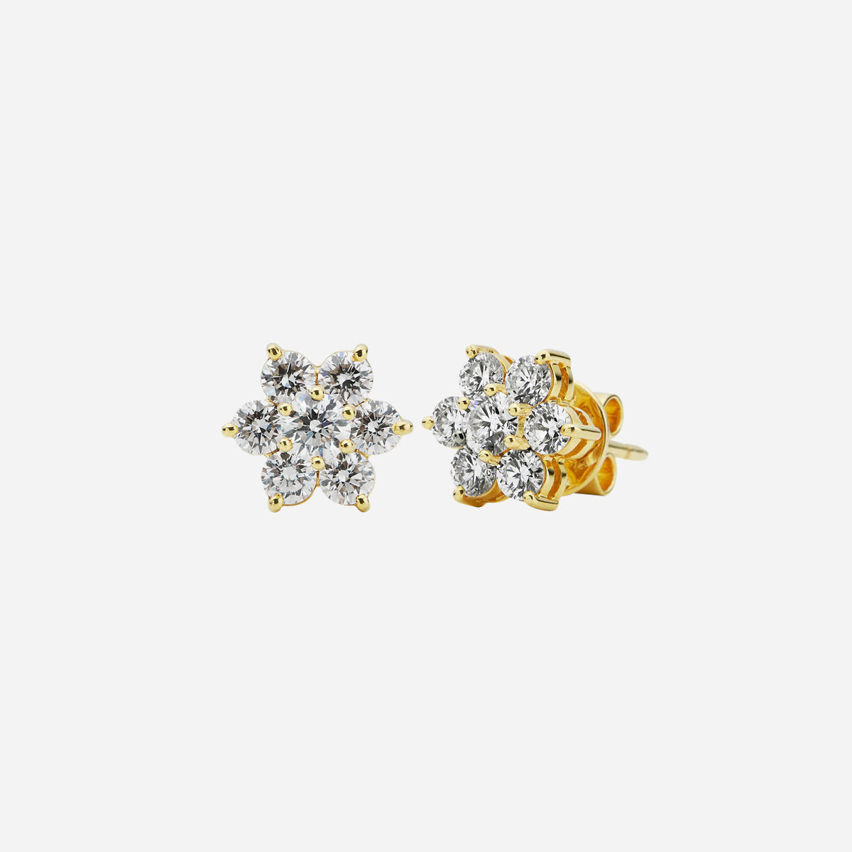 blossom diamond earrings in 18k yellow gold featuring six brilliant diamonds in a floral design.