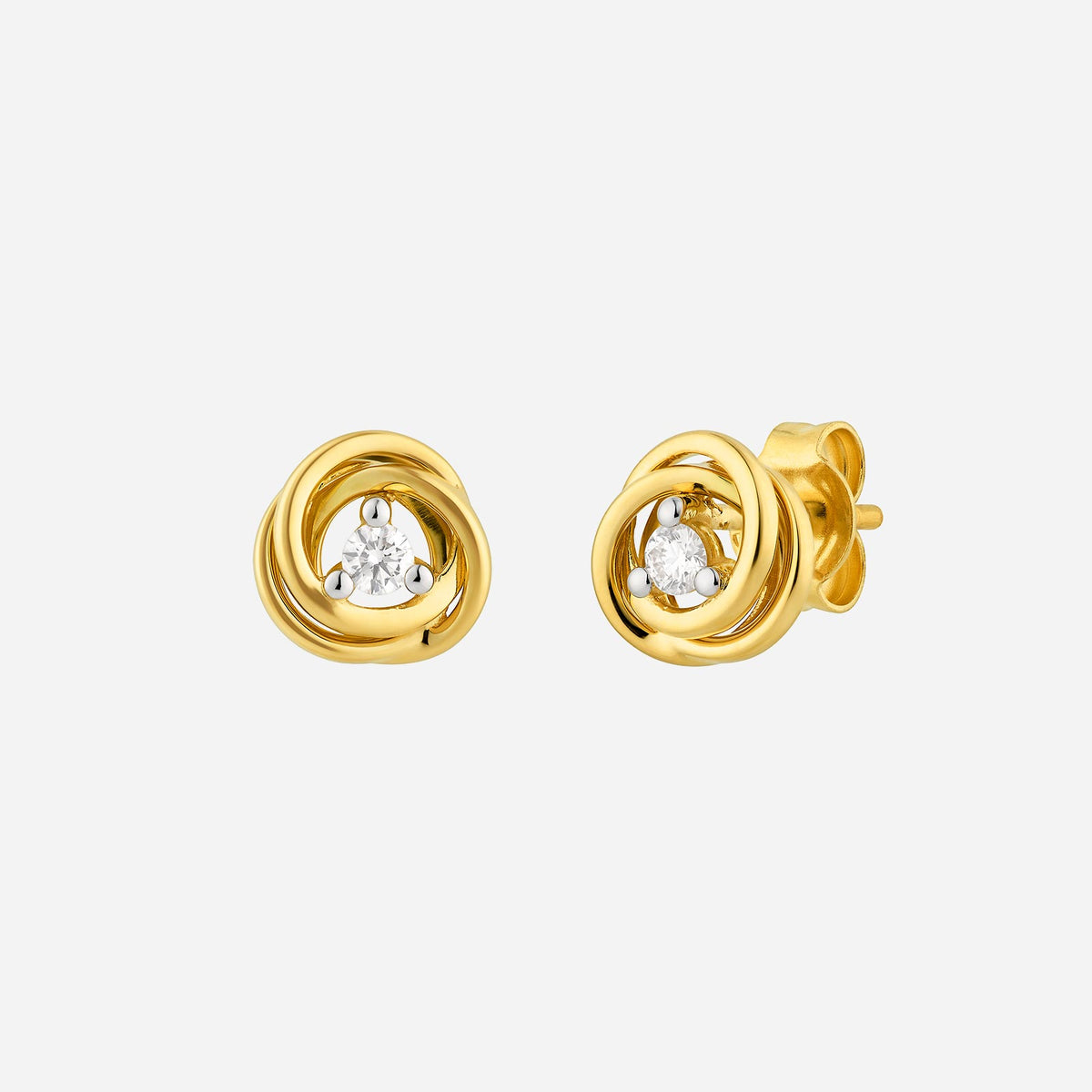 rose twine earrings in 18k yellow white gold featuring sparkling round diamonds at the center of a twisted design.
