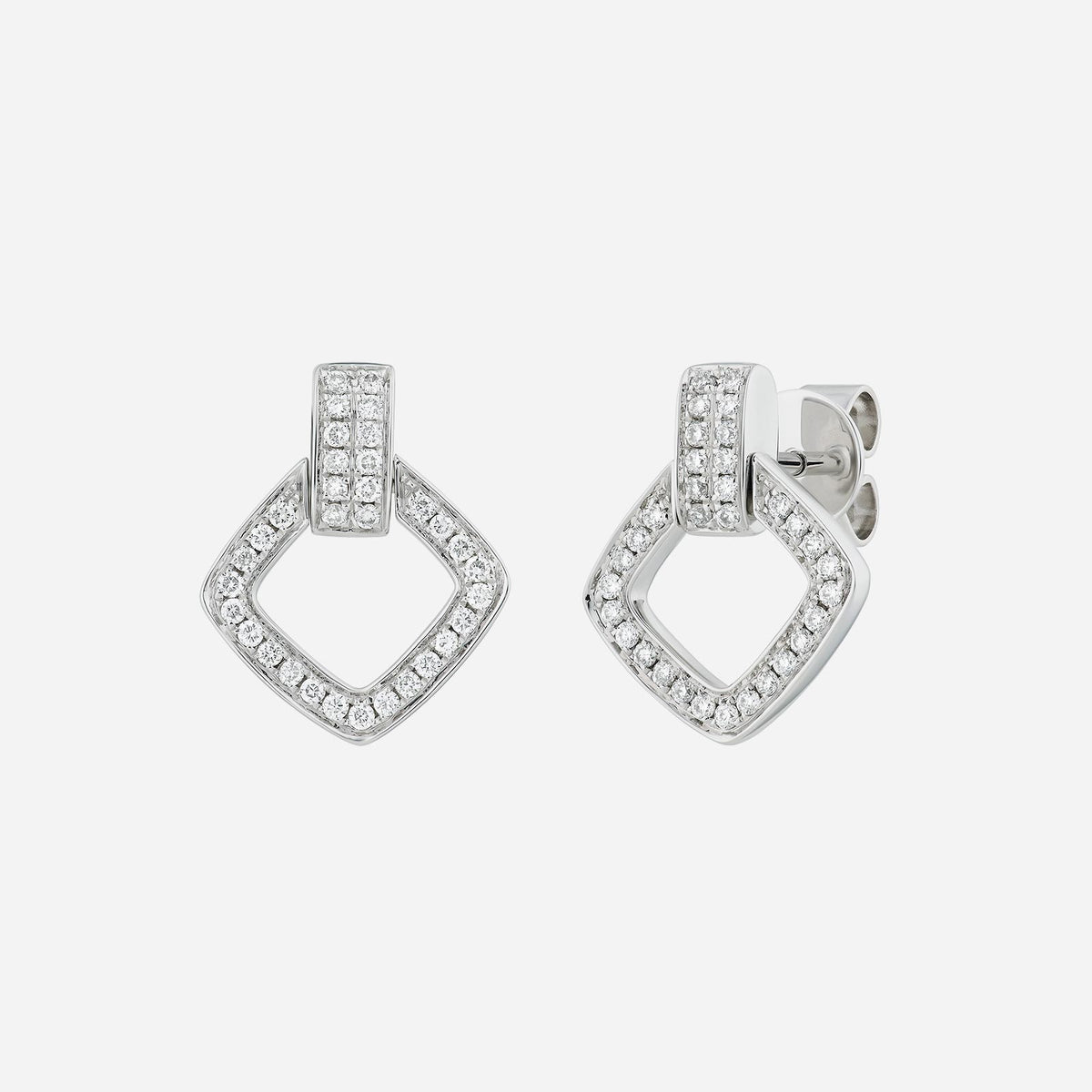 geometric diamond earrings in 18k white gold featuring shimmering diamonds in a contemporary design.