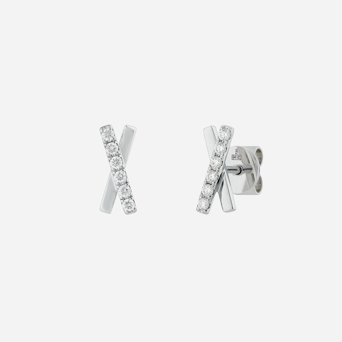 cross bar diamond earrings in 18k white gold with asymmetrical design and one bar featuring sparkling diamond accents.
