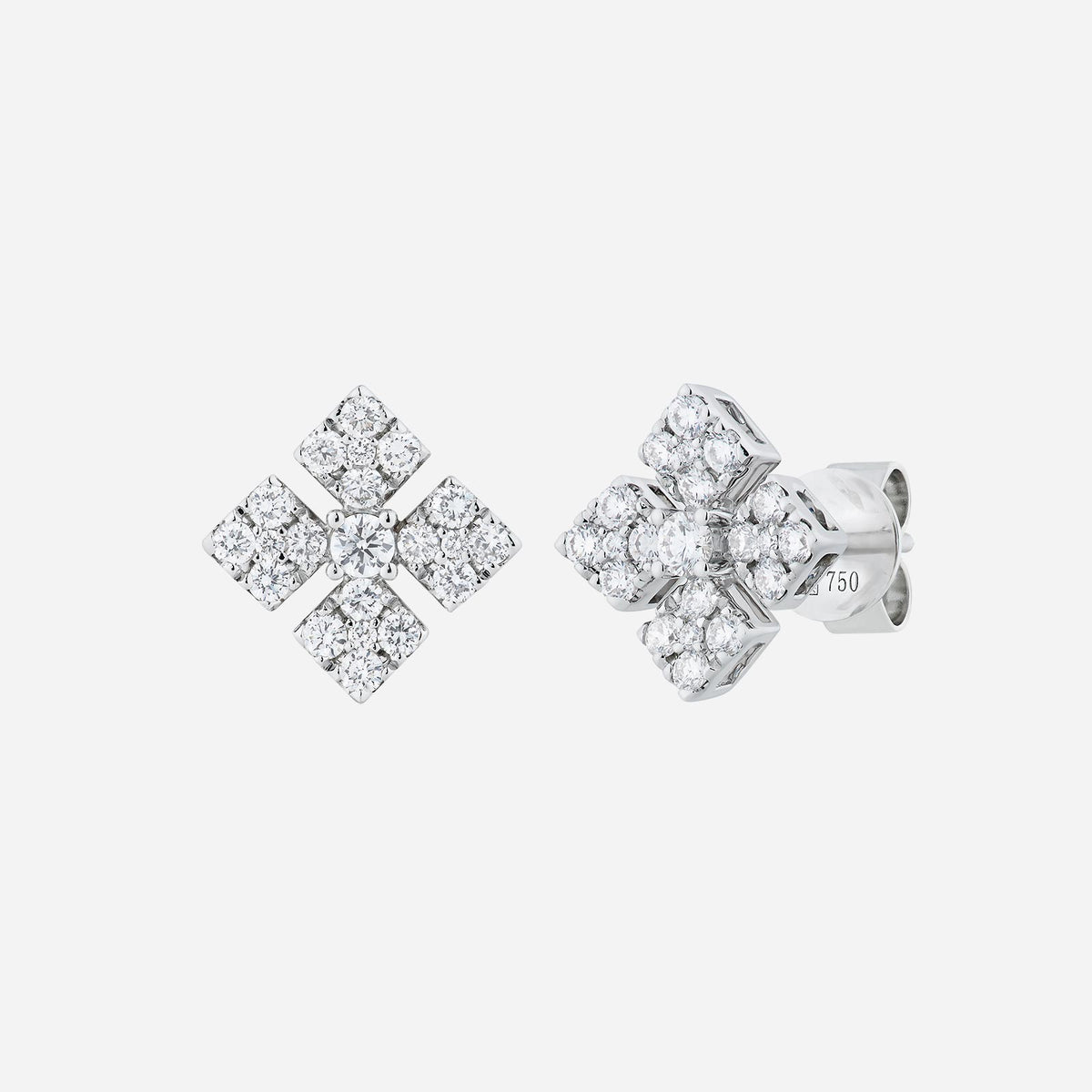 primrose diamond earrings in 18k white gold with a floral design featuring shimmering diamond clusters.