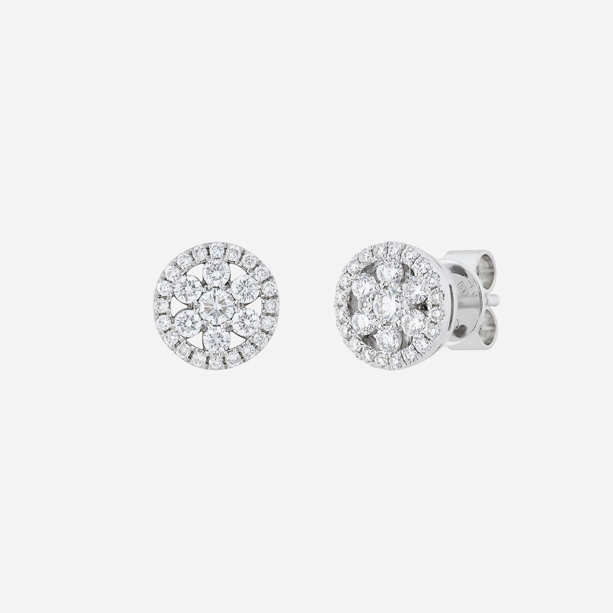 round diamond earrings in 18k white gold featuring a floral design with a halo of sparkling diamonds.
