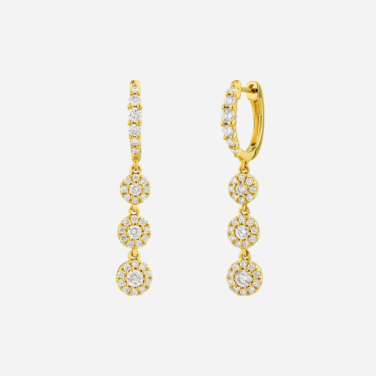 trio diamond earrings in 18k yellow gold, featuring three clusters of diamonds with a halo design.