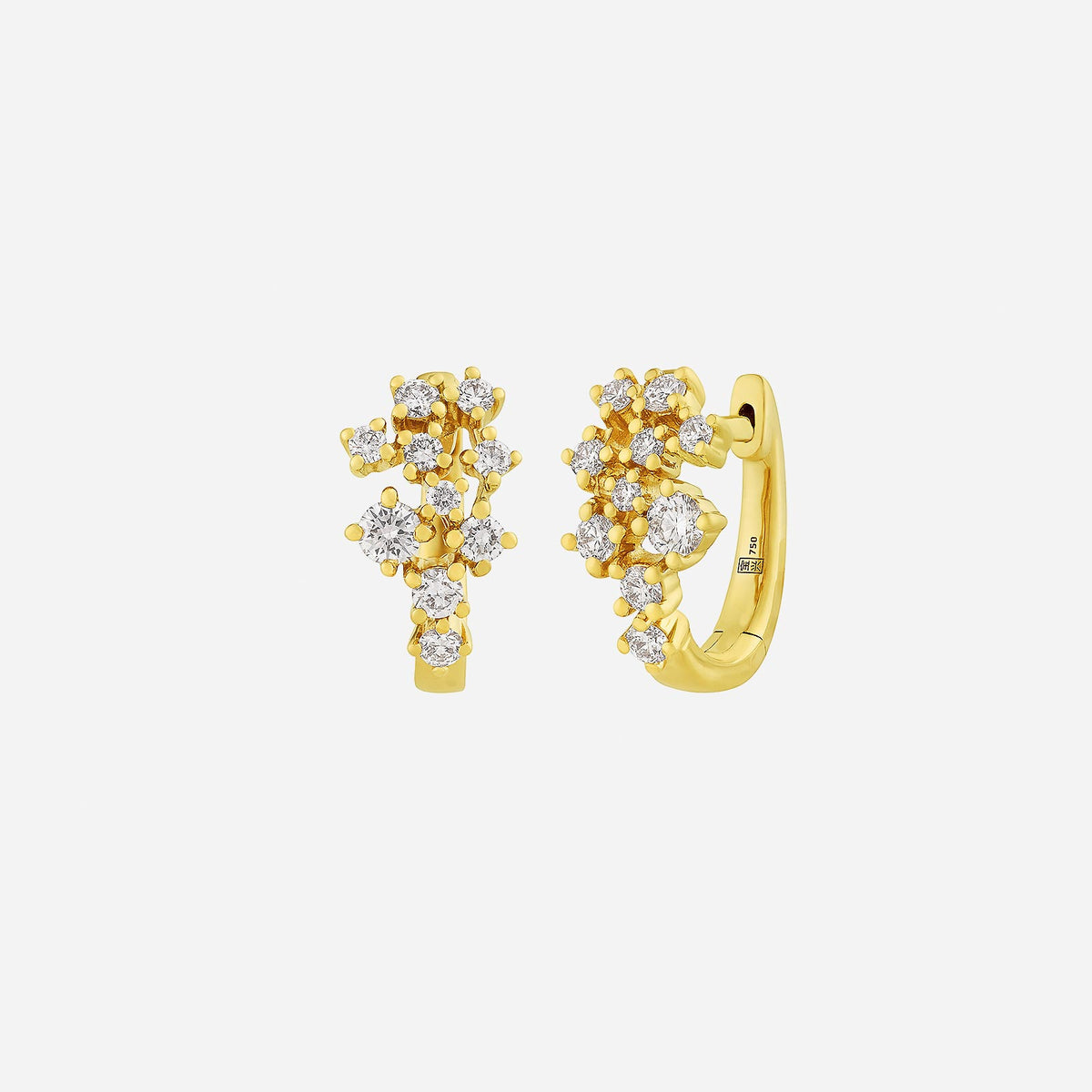 stella diamond earrings in 18k yellow gold featuring a sparkling floral design with multiple brilliant diamonds.