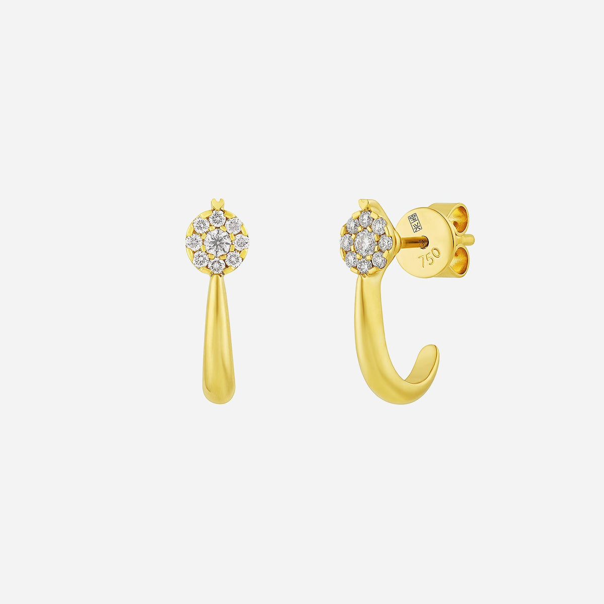 luna diamond earrings in 18k yellow gold with a diamond cluster and elegant curved design. perfect for a radiant look.