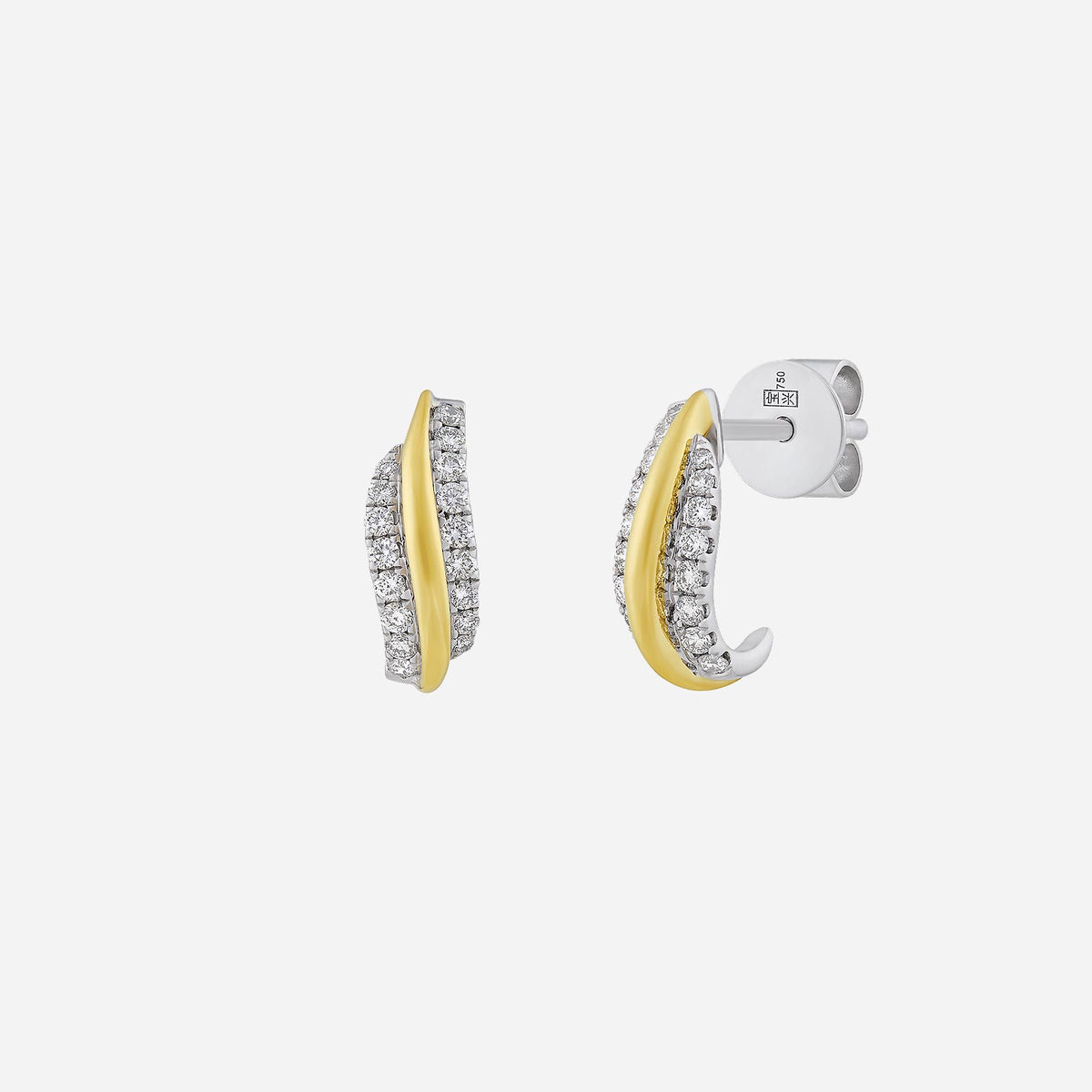 gleam of petal diamond earrings in 18k white and yellow gold with curved design and shimmering diamond accents.