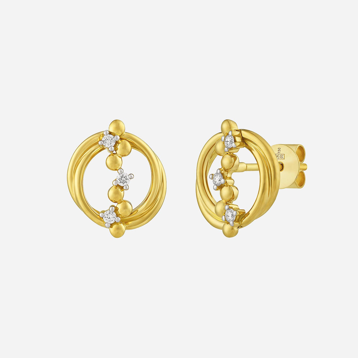 orbit diamond earrings in 18k yellow and white gold with shimmering diamonds and a modern circular design.