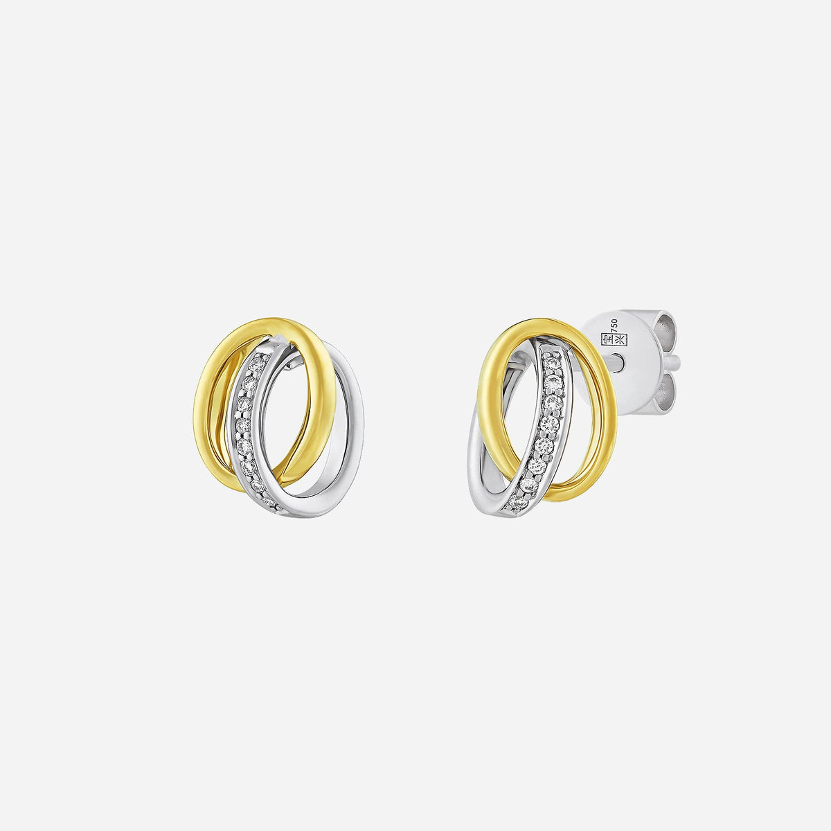 duo hoop earrings in 18k yellow and white gold with sparkling diamonds in interlocking design.