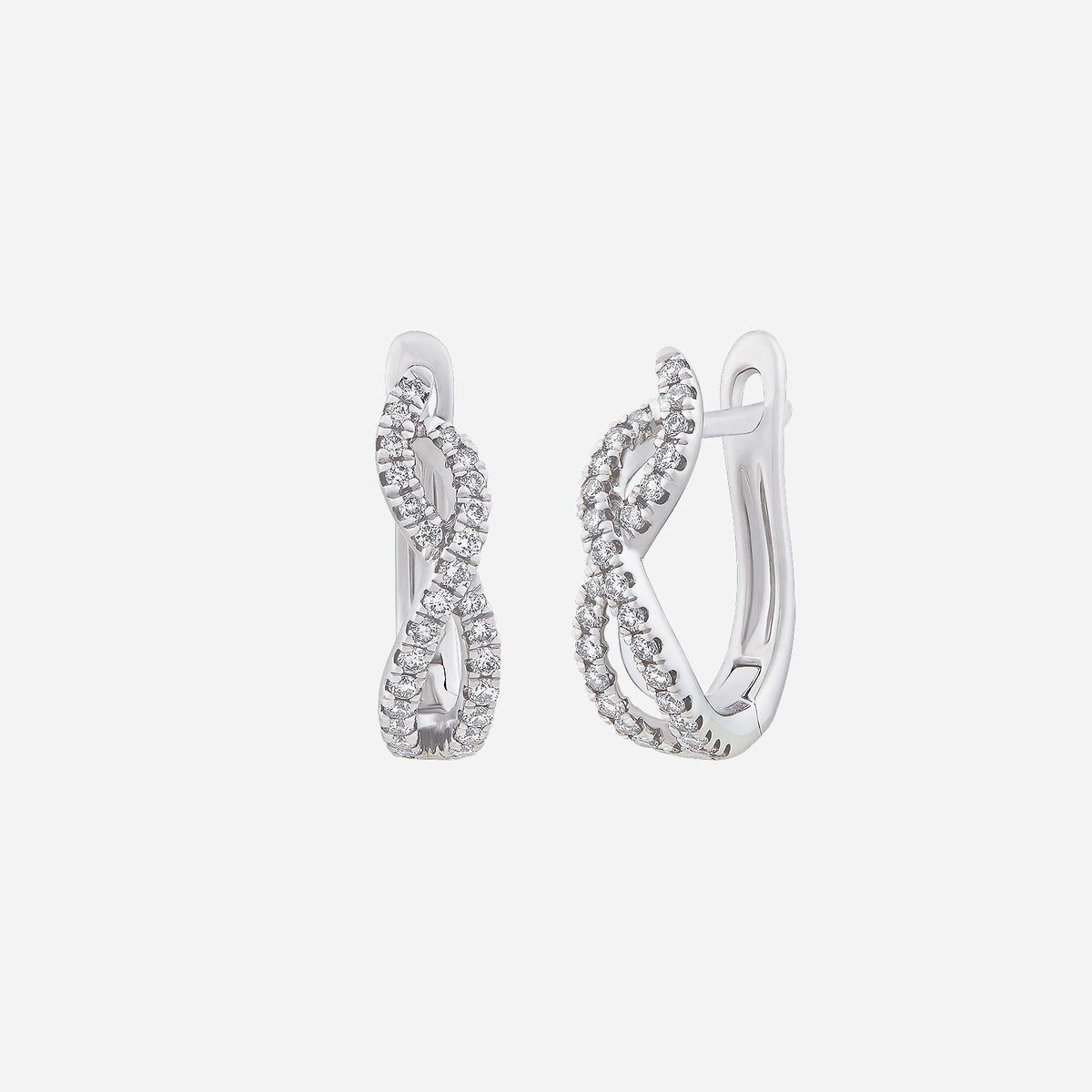 infinity sparkle diamond earrings in 18k white gold with twin pavé lines and an elegant loop design.