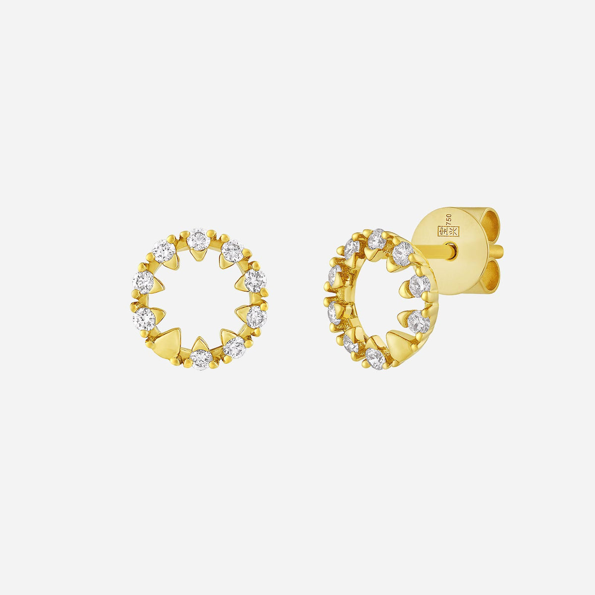 starburst bloom diamond earrings in 18k yellow gold with circular design and diamond halo. elegant and radiant.