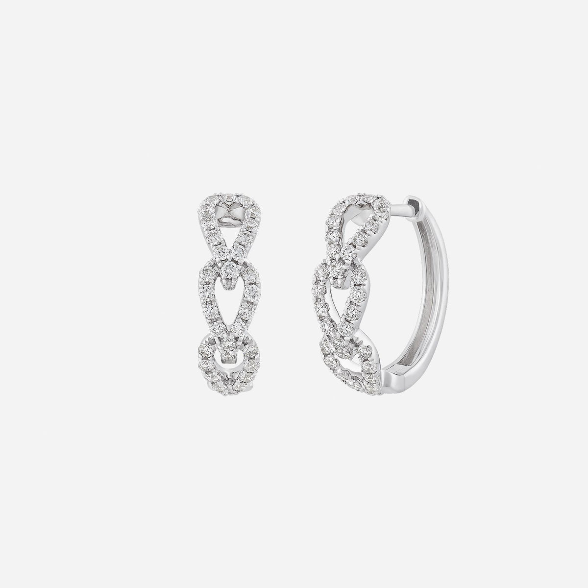 lustrous weave huggie-style diamond earrings in 18k white gold with intricate diamond detailing. ideal for everyday elegance.