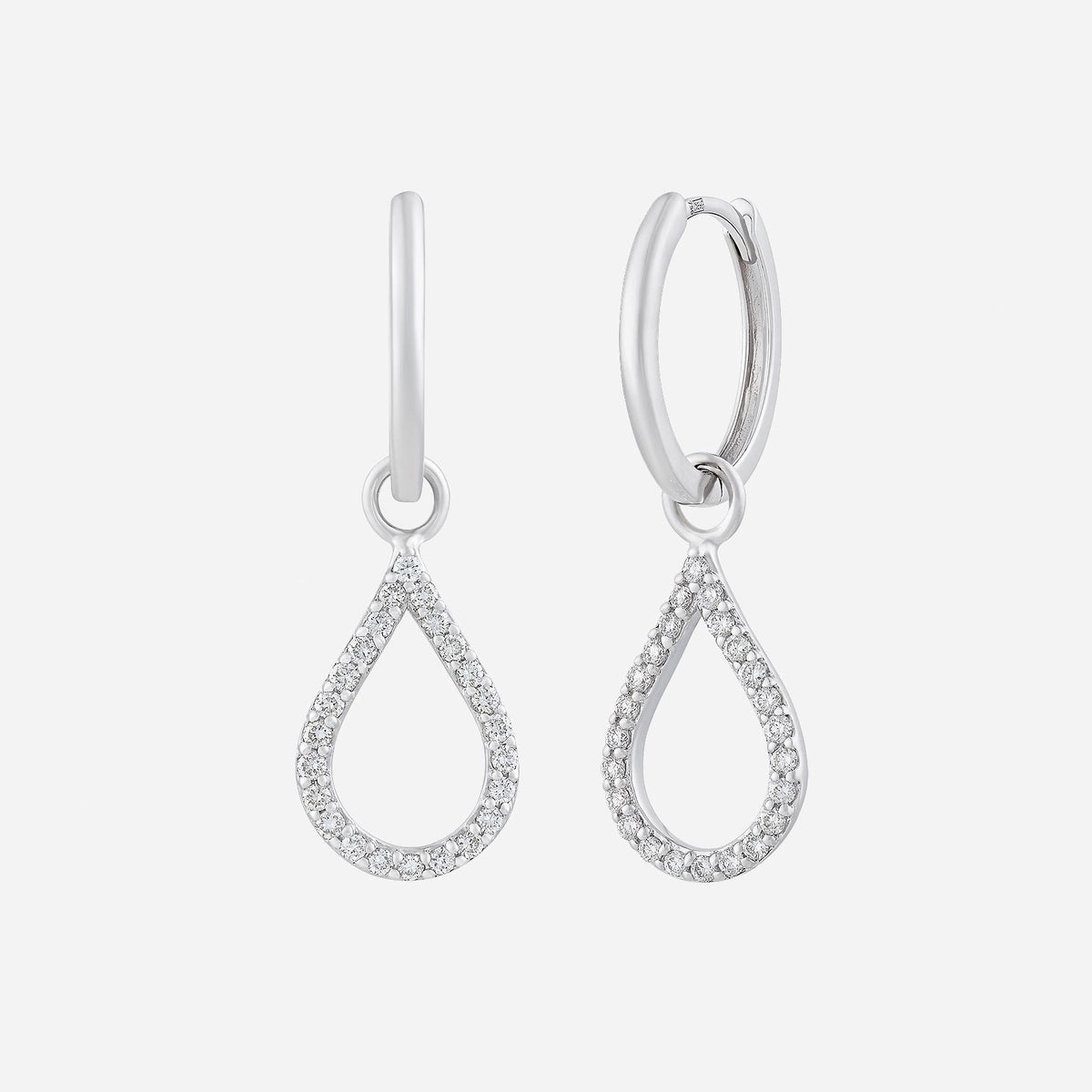 glimmer droplet diamond earrings in 18k white gold featuring teardrop designs accented with sparkling diamonds.