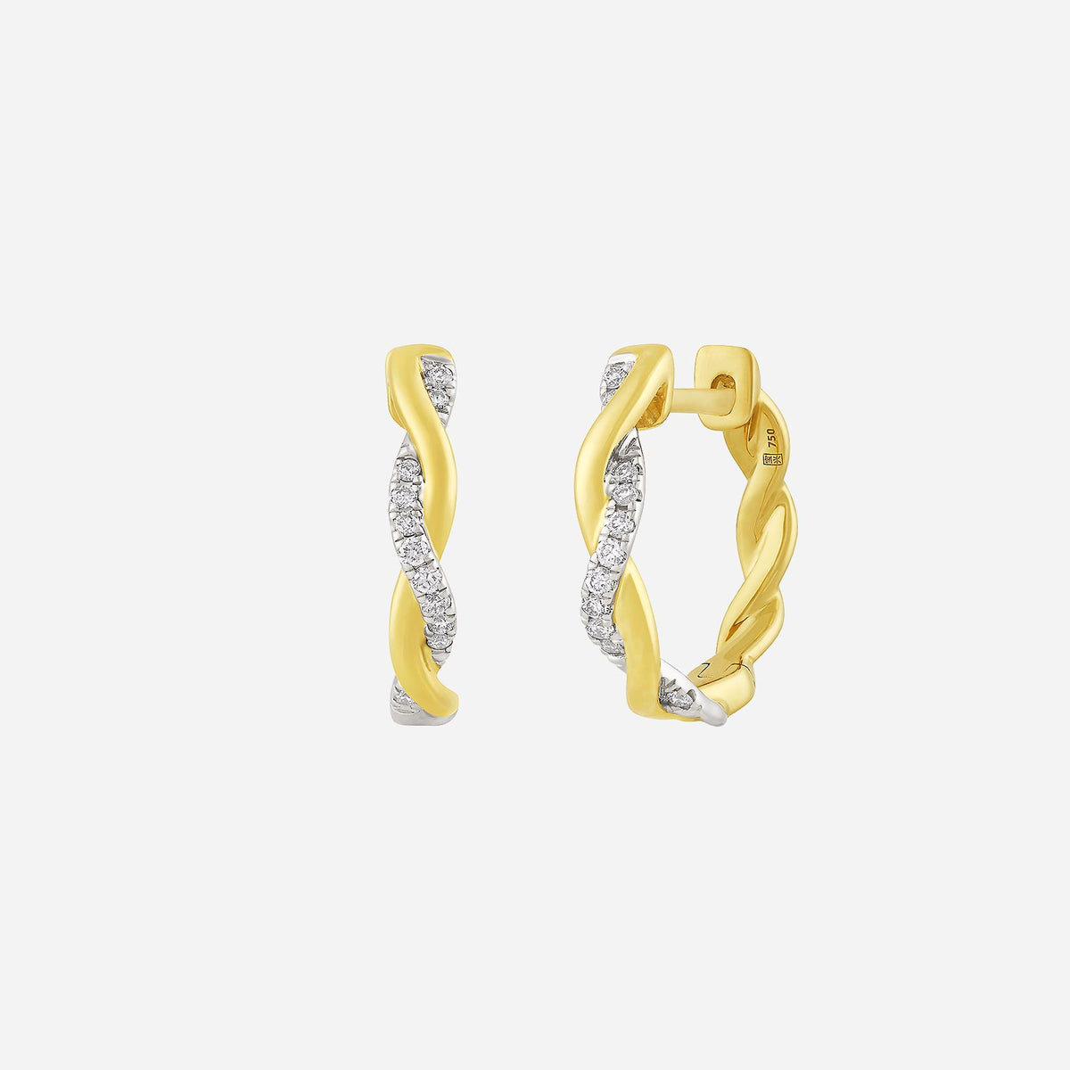glimmering twist earrings in 18k yellow and white gold with sparkling diamond accents in a spiral design.