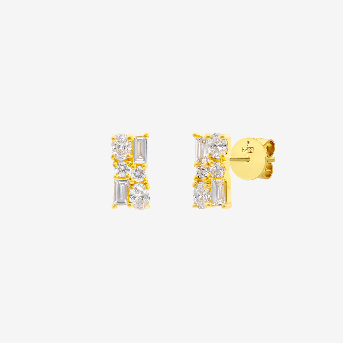 symmetry spark diamond earrings in 18k yellow gold with round and emerald-cut diamonds in a modern design.