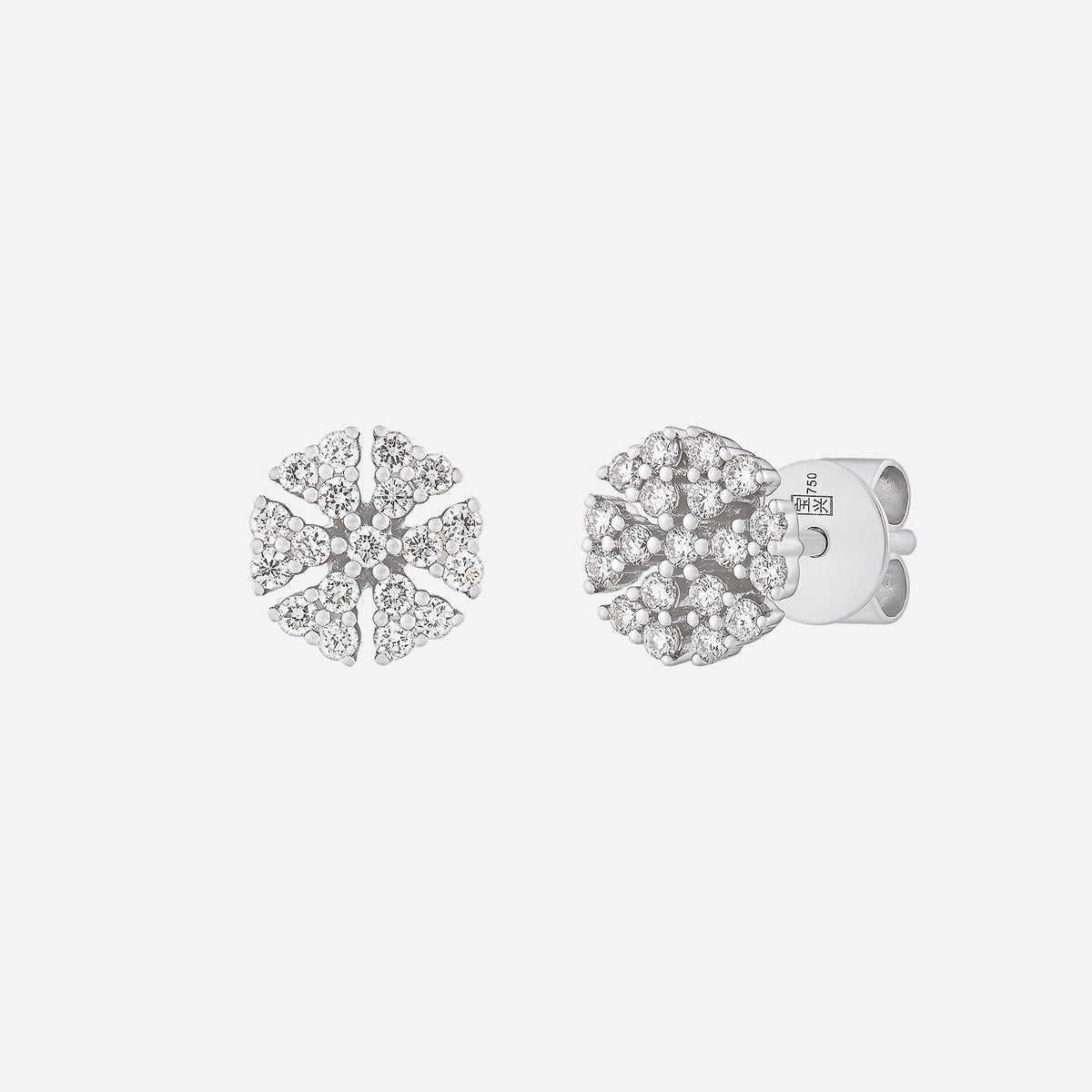 flora dazzle diamond earrings in 18k white gold, featuring clustered petal design and pavé-set diamonds.