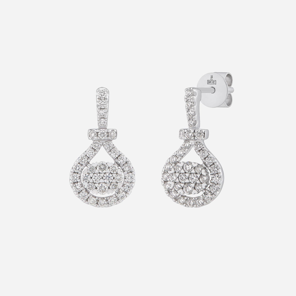 twinkling drop earrings in 18k white gold with double halo pavé diamonds for timeless elegance and sparkle.