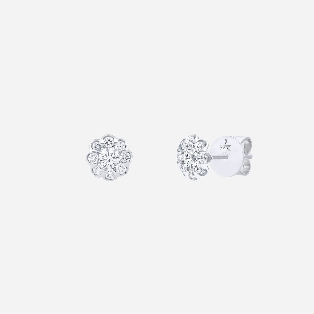 blossom spark diamond earrings in 18k white gold featuring a floral cluster design with brilliant diamonds.