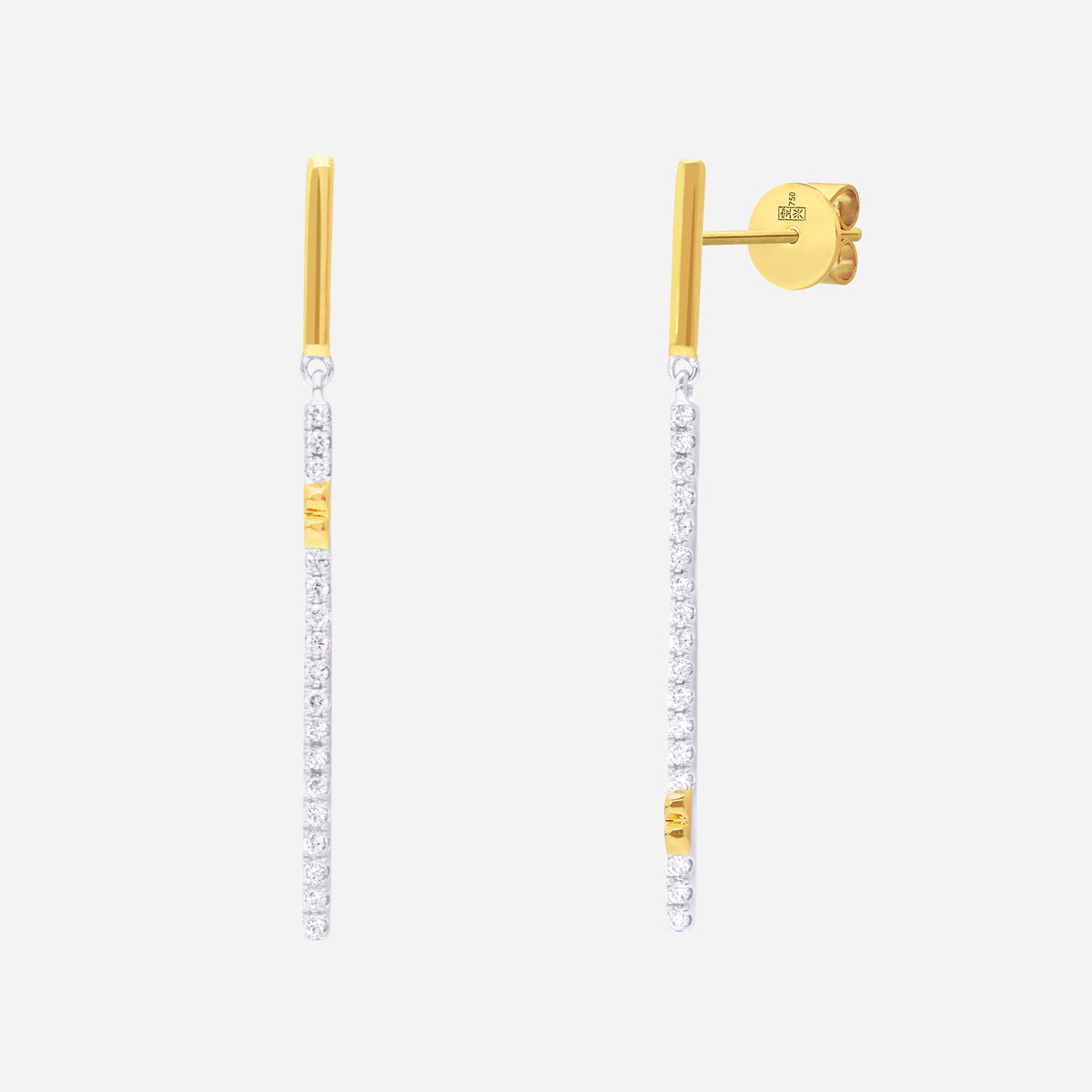 sparkling linear diamond earrings in 18k white and yellow gold with pavé-set diamonds for modern elegance.