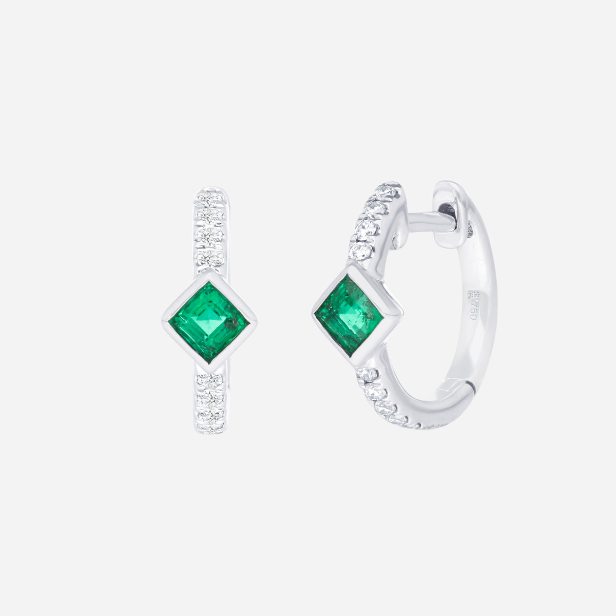 emerald square-cut earrings in 18k white gold with diamond-accented hoops for everyday elegance.
