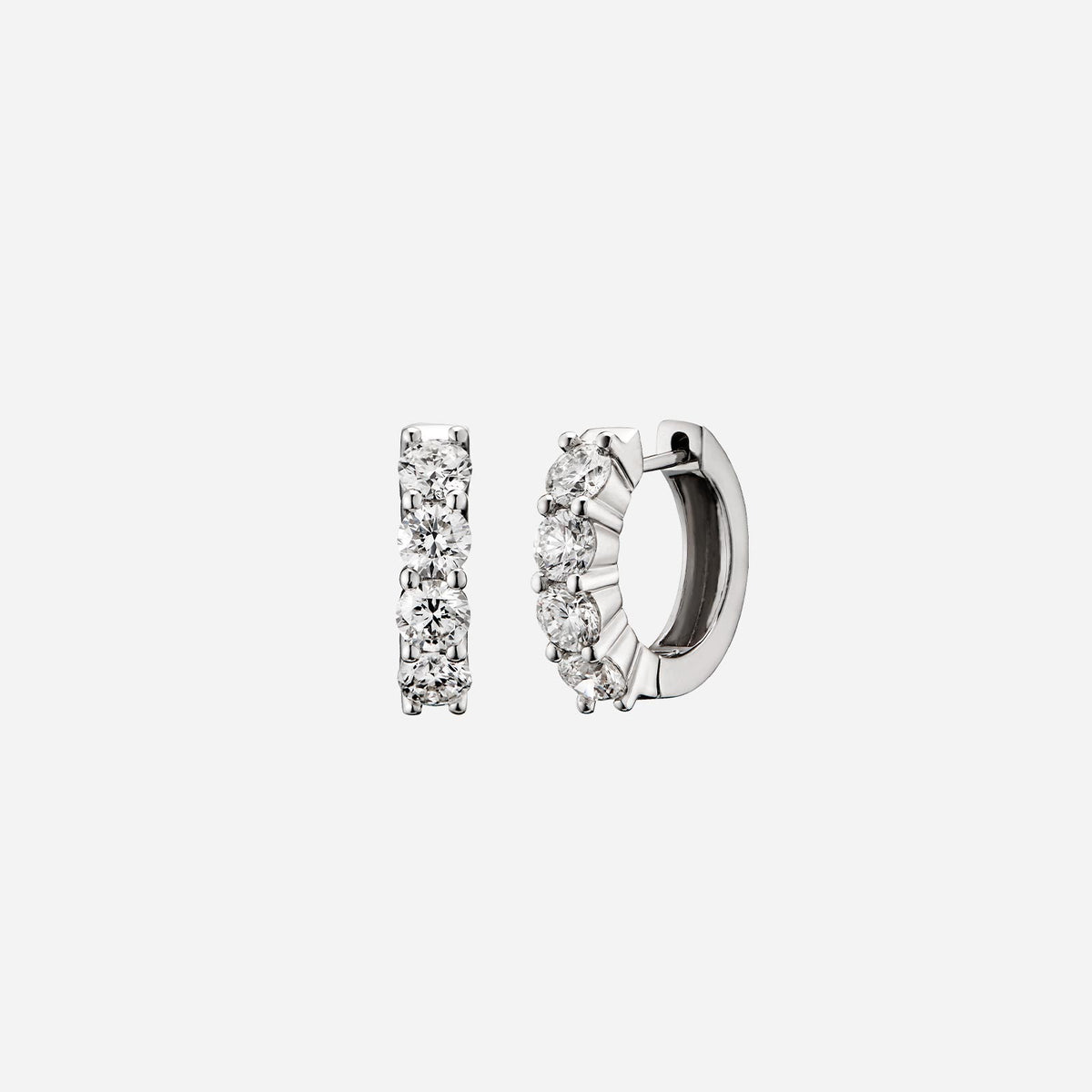 diamond huggie earrings in 18k white gold featuring round brilliant diamonds, elegant and sparkling design.