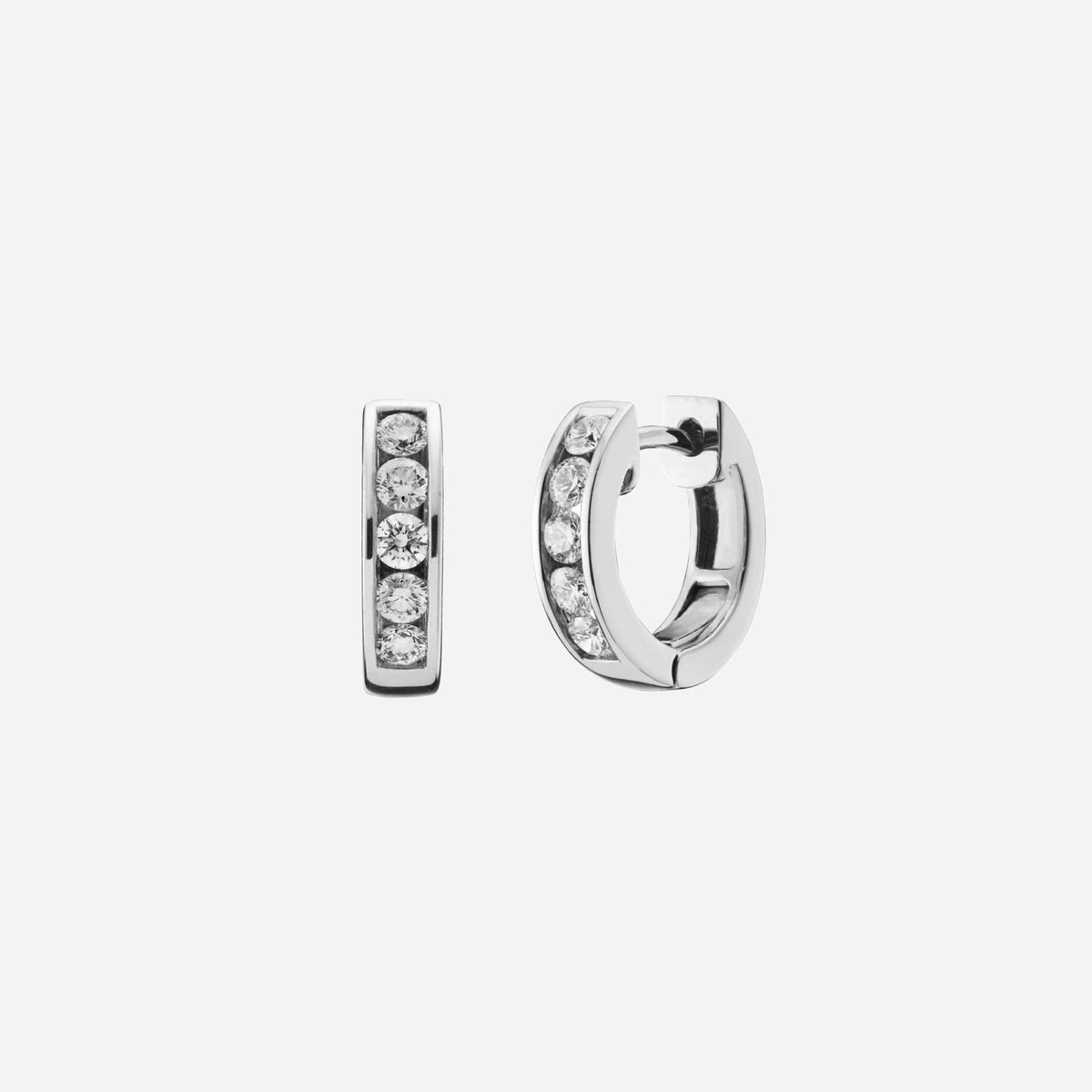 diamond huggie earrings in 18k white gold, featuring a row of sparkling diamonds along the rim.