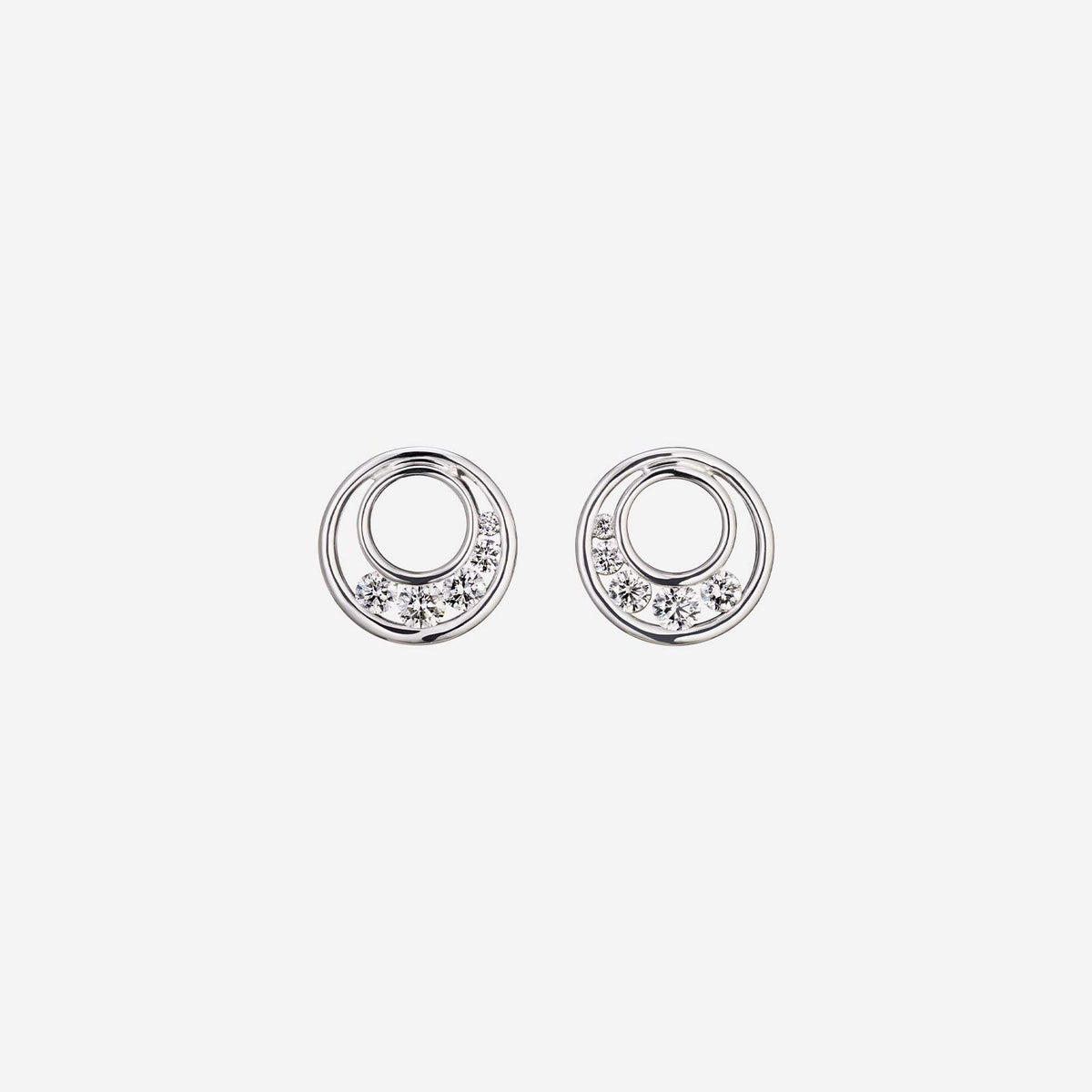 love journey diamond earrings in 18k white gold featuring double loop design with brilliant diamonds.