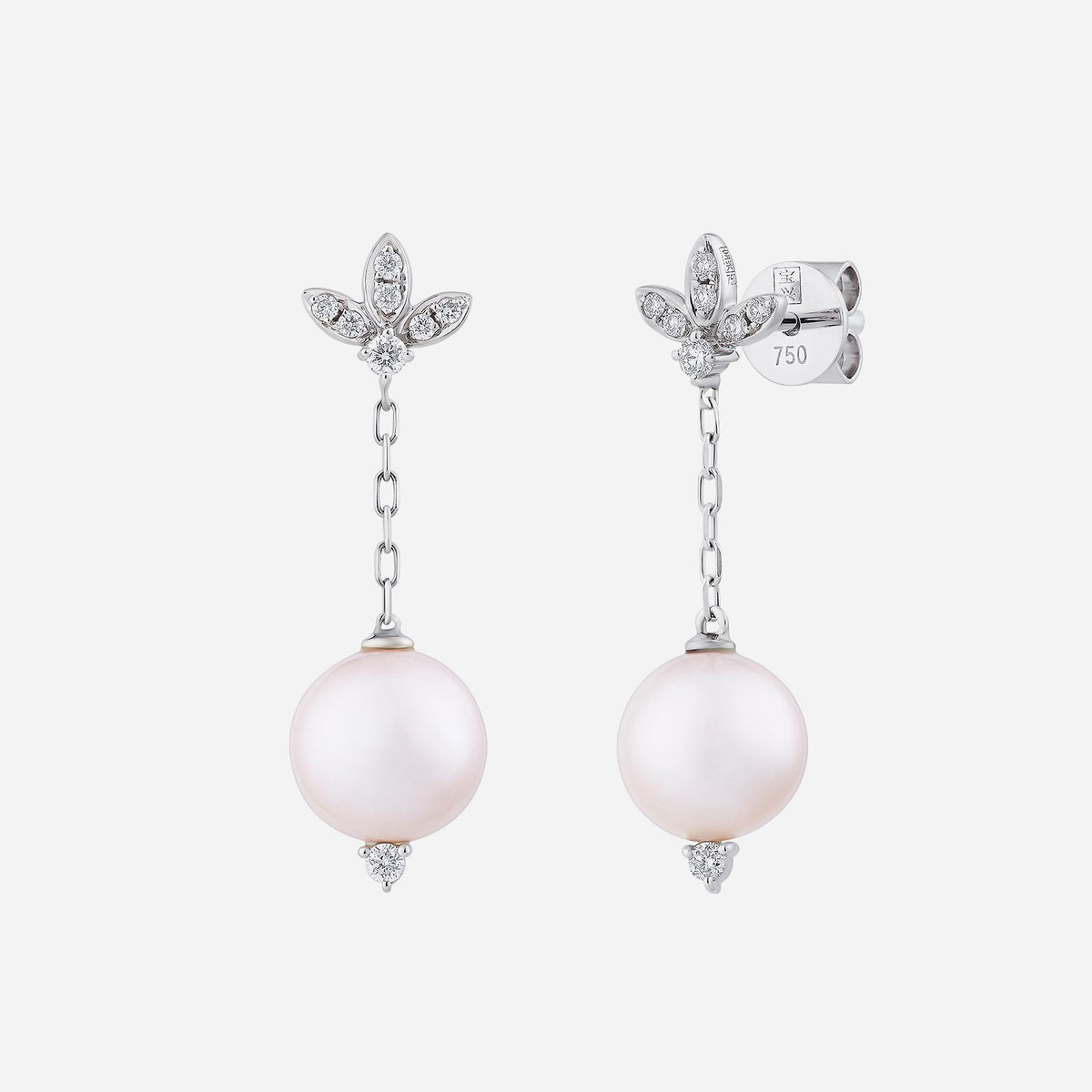 freshwater pearl earrings in 18k white gold, featuring diamond accents and elegant drop design.