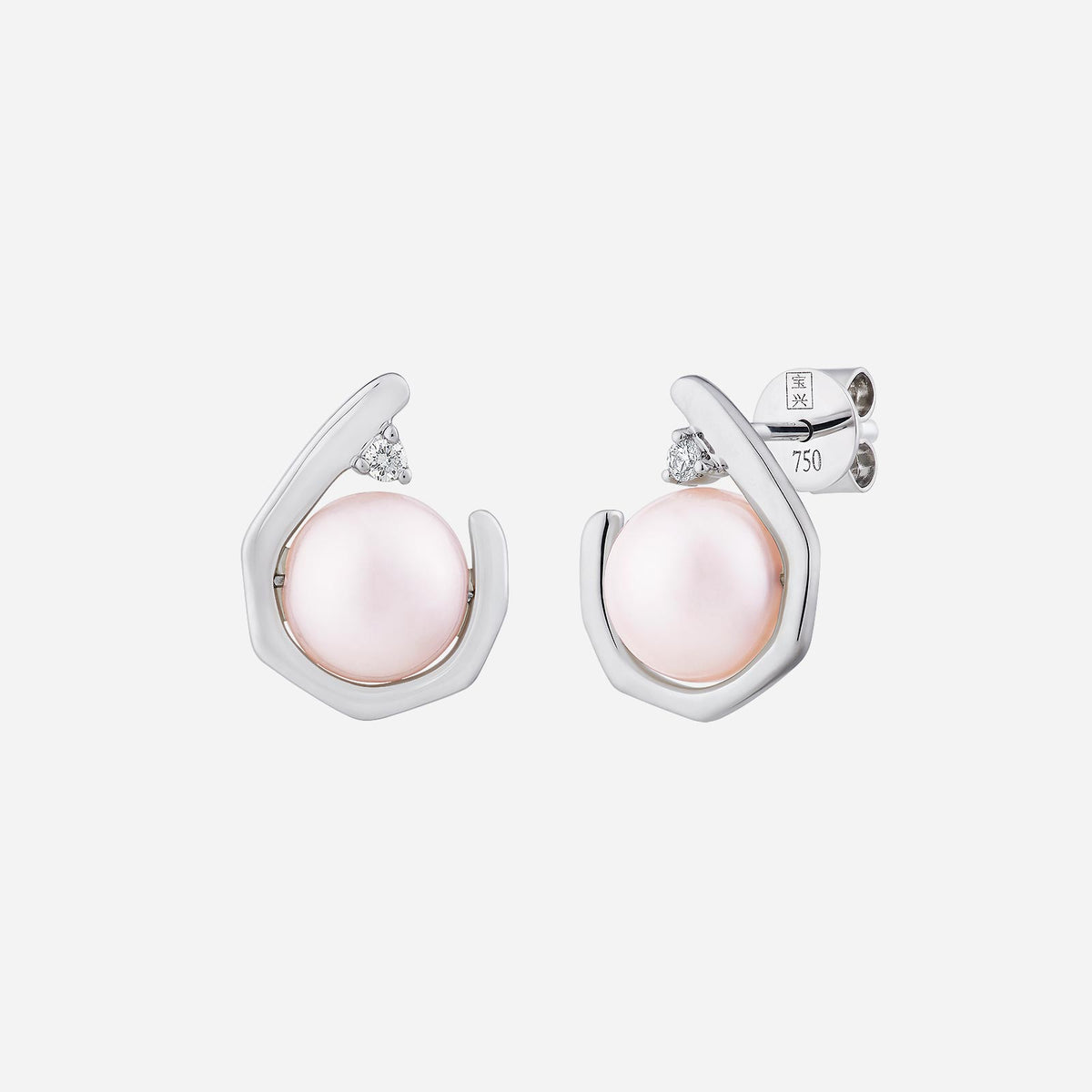 freshwater pearl earrings in 18k white gold with diamond accents and a sculptural design. elegant and unique.