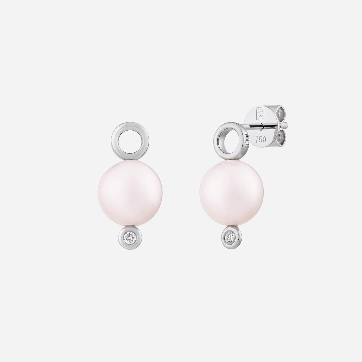 freshwater pearl earrings in 18k white gold with unique loop design and diamond accents for elegant sophistication.