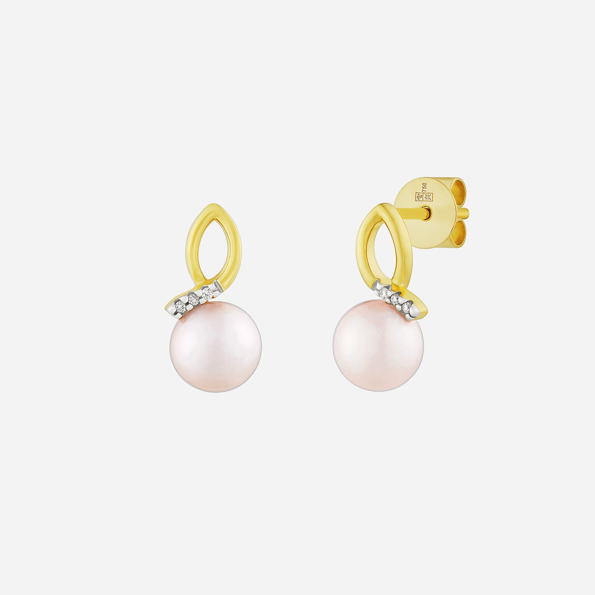 freshwater pearl earrings in yellow white gold with marquise loop and diamonds accent. elegant and twisting design.