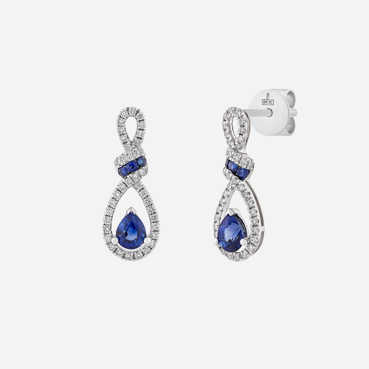 dewdrop blue sapphire earrings in 18k white gold with diamond accents, featuring a graceful pear-shaped design.