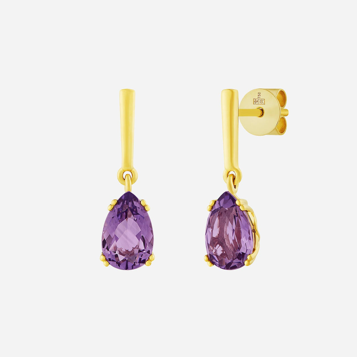 dewdrop earrings featuring pear-cut amethyst gemstones set in 18k yellow gold with slender post design.