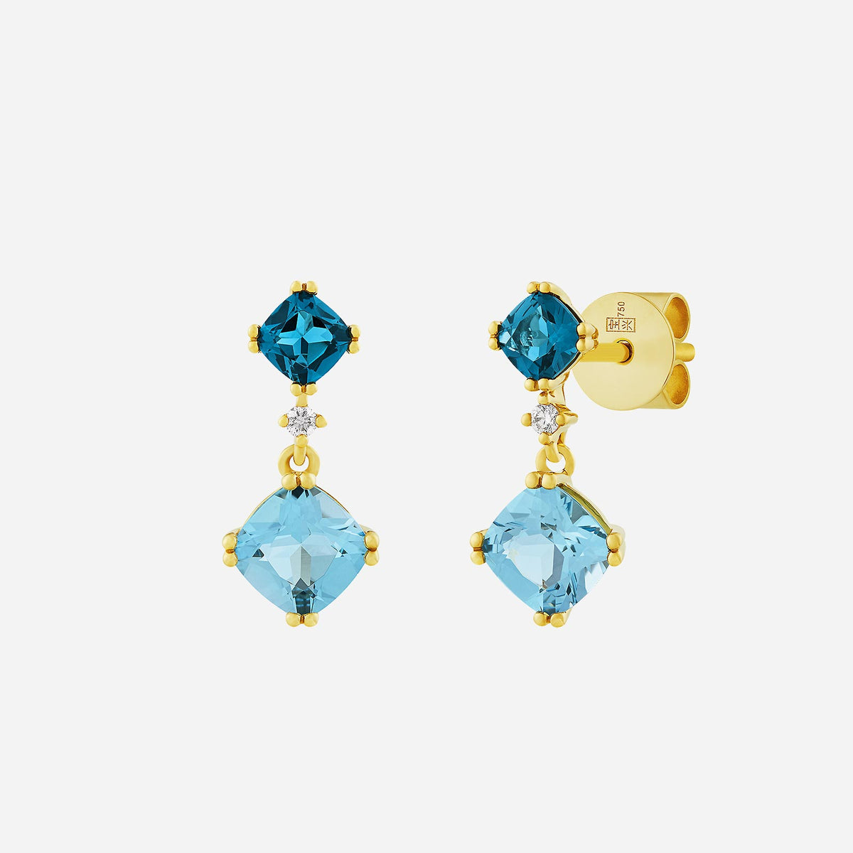 gradient blue topaz earrings with diamond accents, set in 18k yellow gold, showcasing a striking hue transition.
