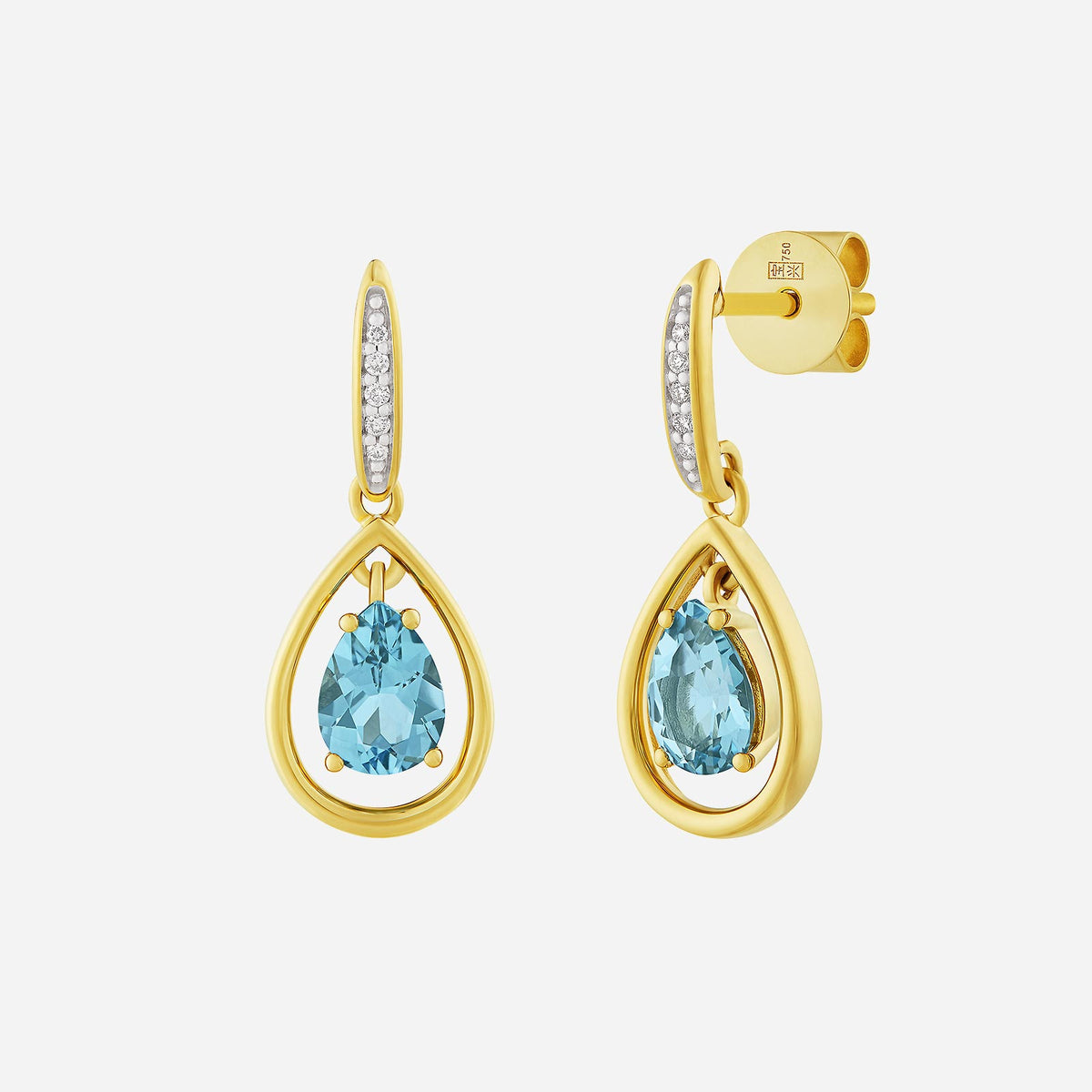 pear-cut sky blue topaz earrings in yellow gold with pavé diamond hoop detail for a modern, elegant look.