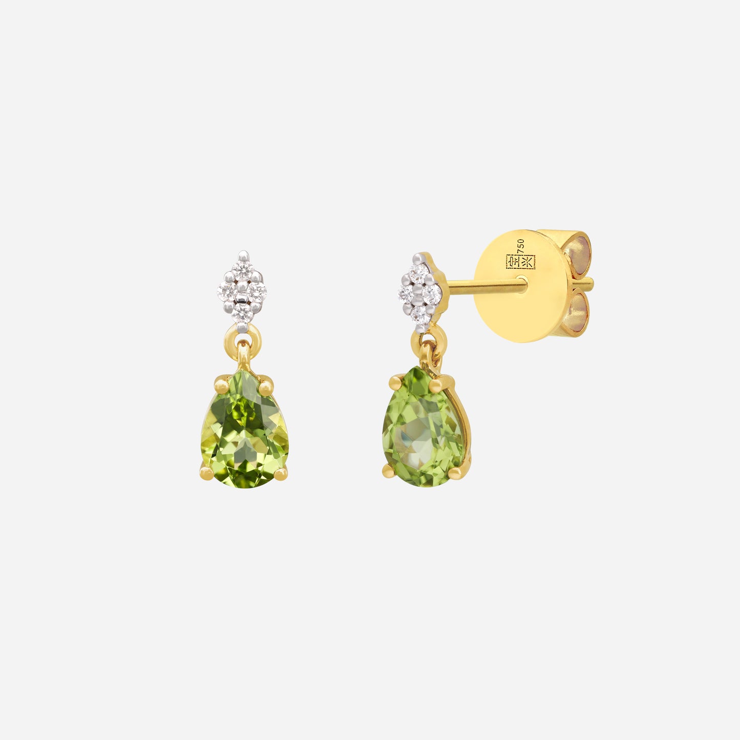 dewdrop earrings featuring vibrant green peridot and sparkling diamonds in yellow and white gold settings.