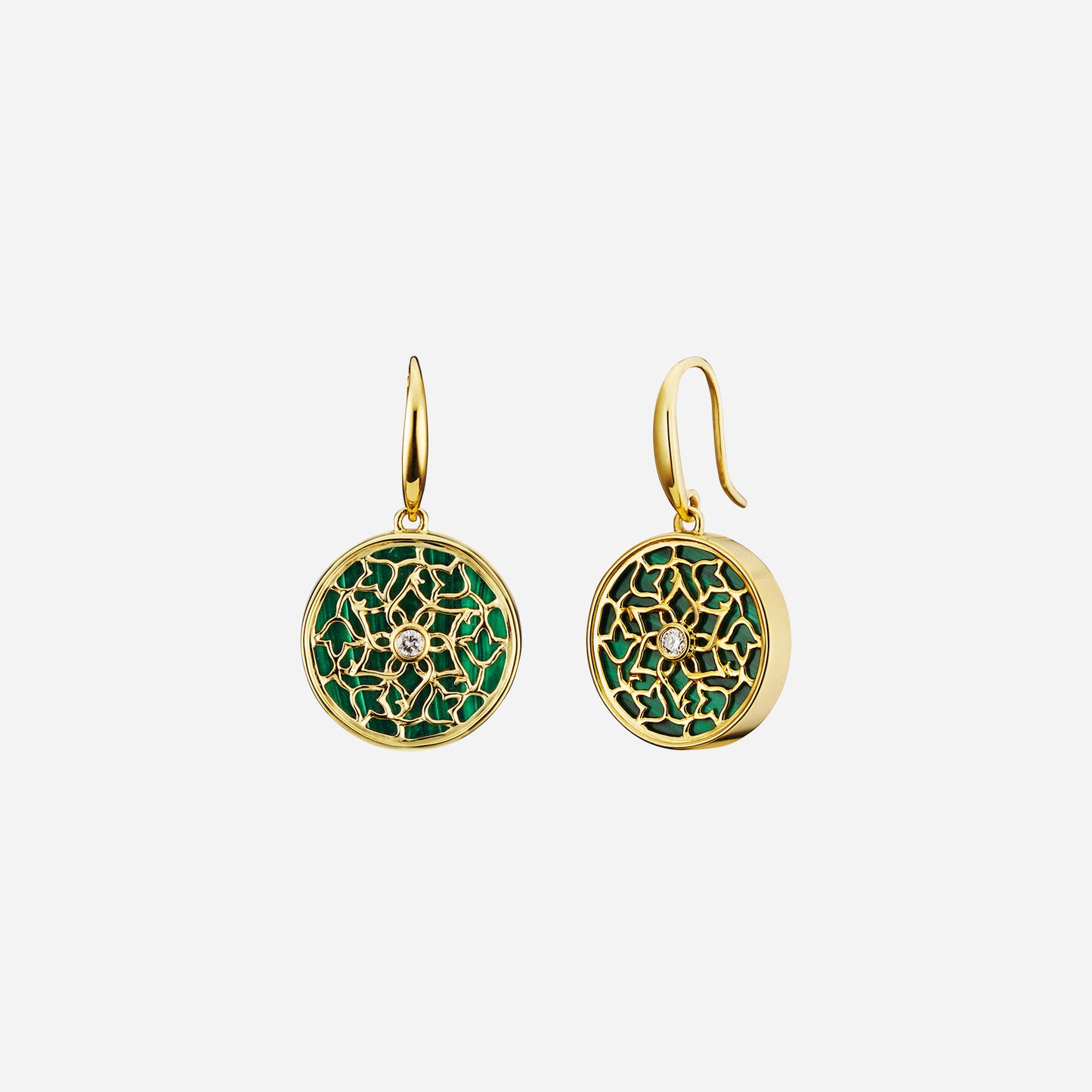 legacy malachite earrings in 18k yellow gold, featuring floral design frames and round diamond centers.