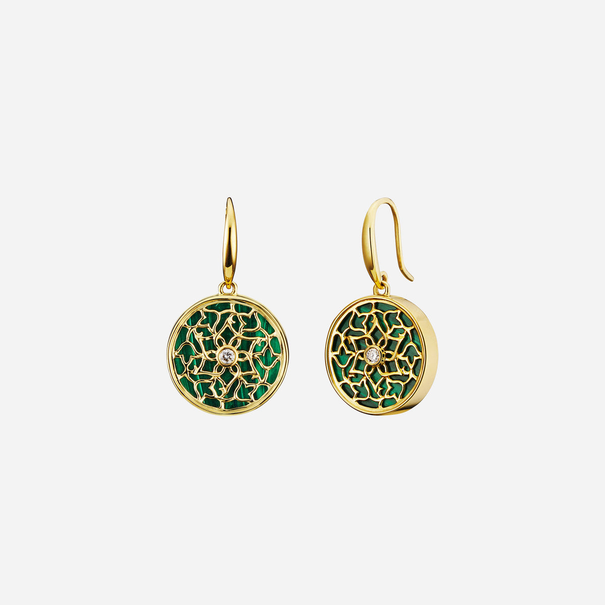 legacy malachite earrings in 18k yellow gold with floral design and round diamond centers. elegant and striking.