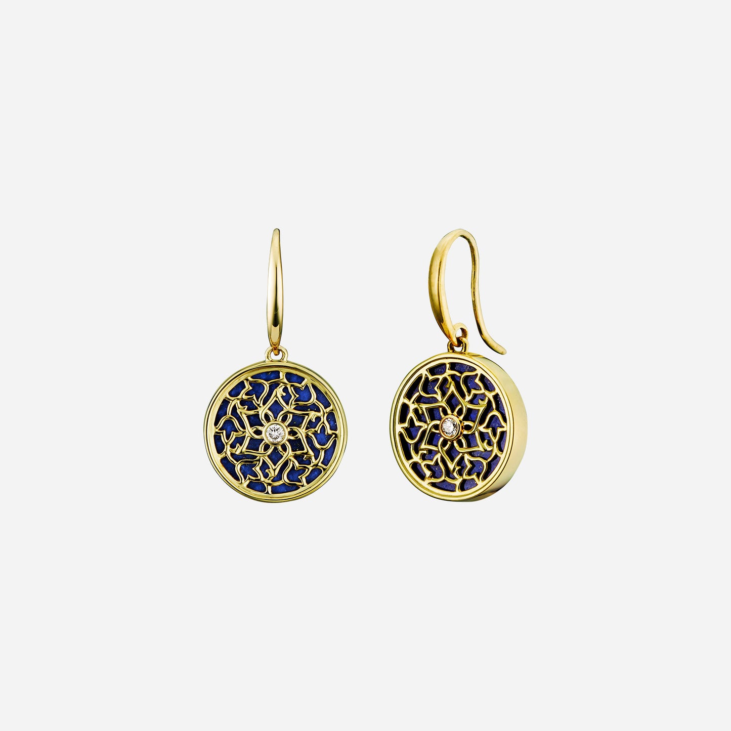 lapis lazuli and diamond earrings in 18k yellow gold with floral motif and intricate geometric design.