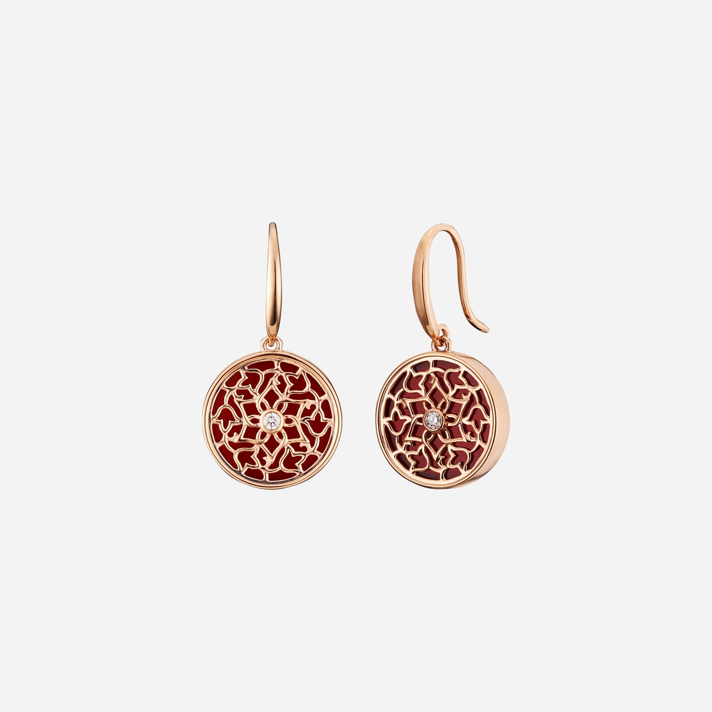 deep red agate earrings in 18k rose gold with intricate floral design and round diamond centers. elegant and unique.