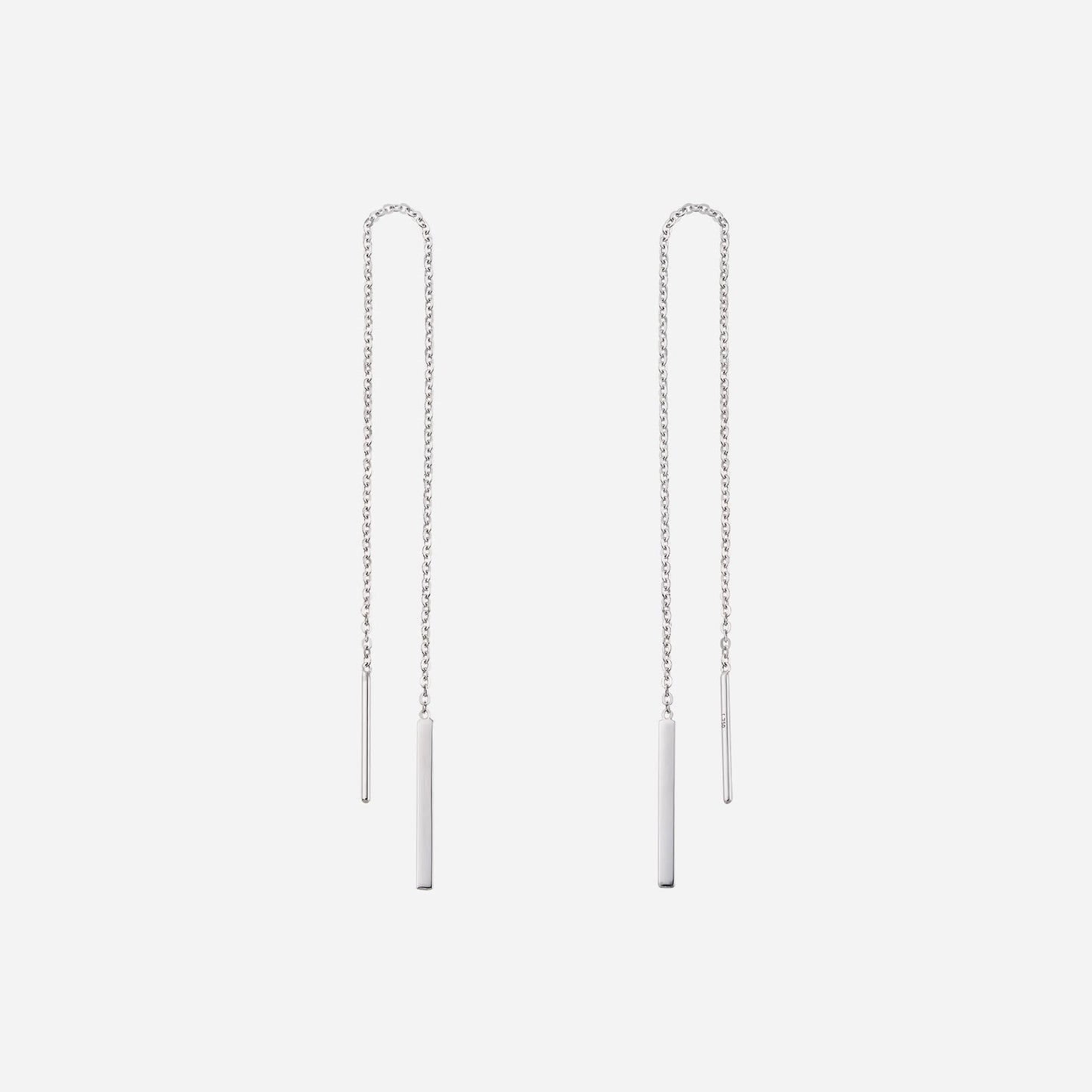 sleek bar dangling thread earrings in 18k white gold with minimalist design, perfect for modern elegance.