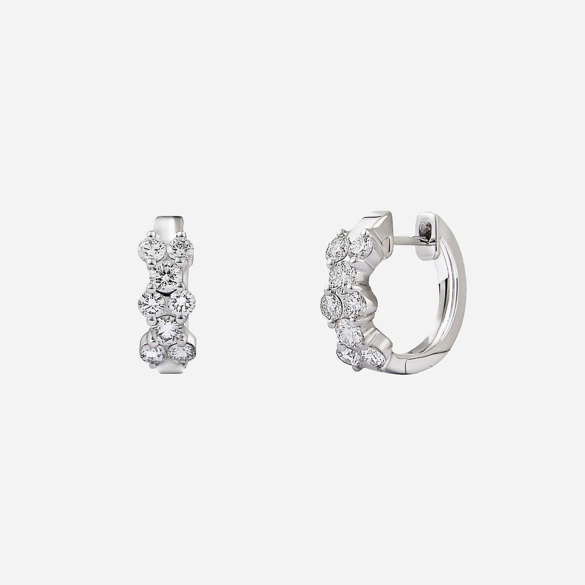 floral diamond earrings in 18k white gold with clustered round diamonds and secure latch clasp design.