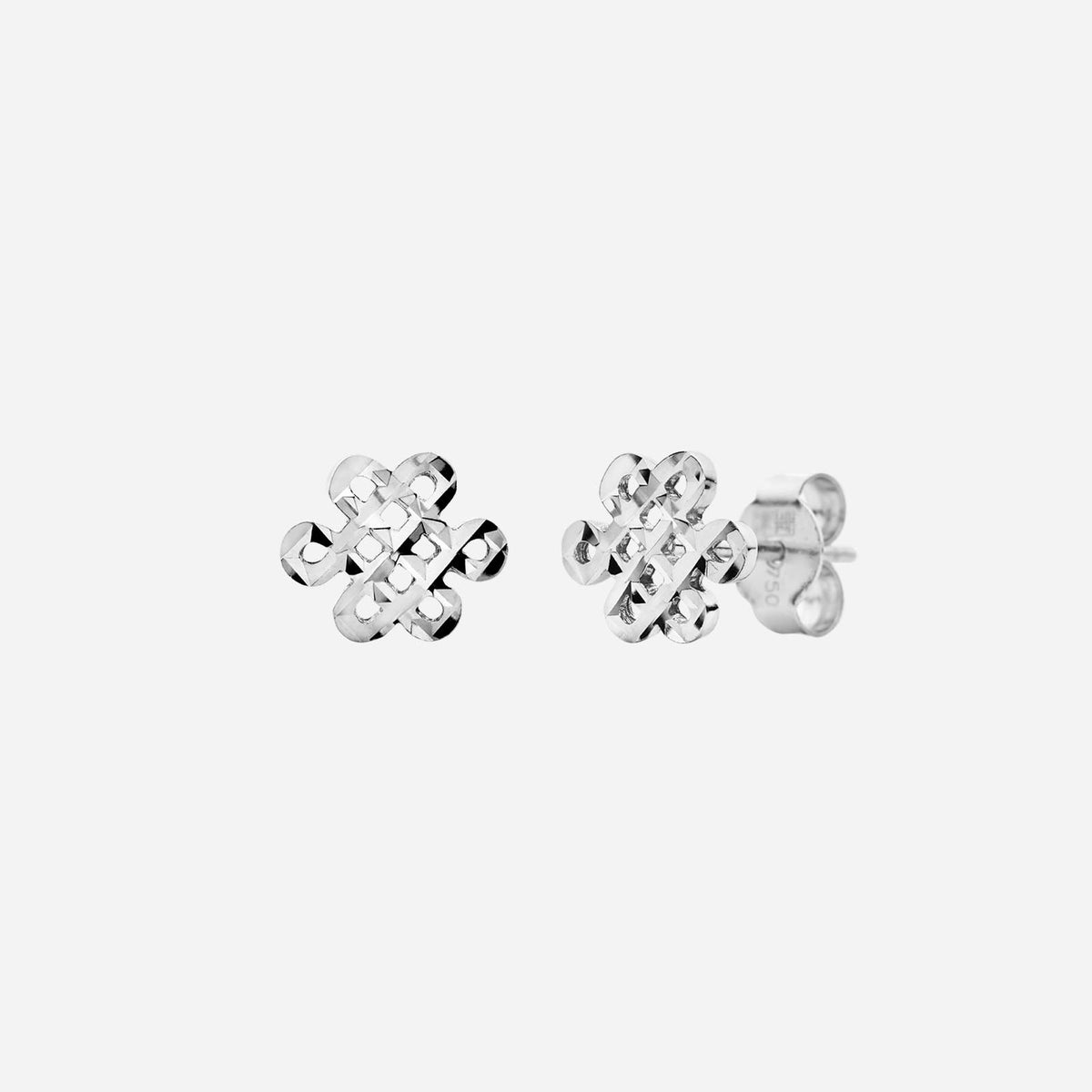 eternity knot stud earrings in polished 18k white gold with a classic interlaced design.