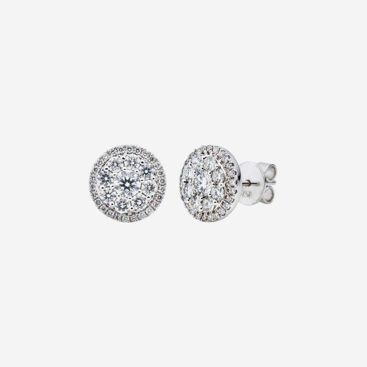 halo diamond stud earrings in 18k white gold, featuring a round design with multiple sparkling diamonds.