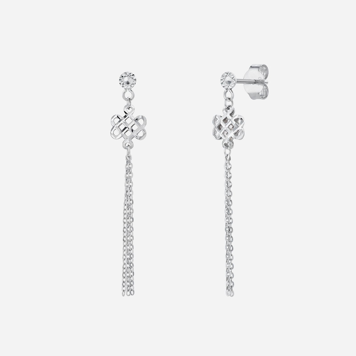18k white gold eternity knot tassel earrings with cascading chains for a stylish finish. perfect for any occasion.