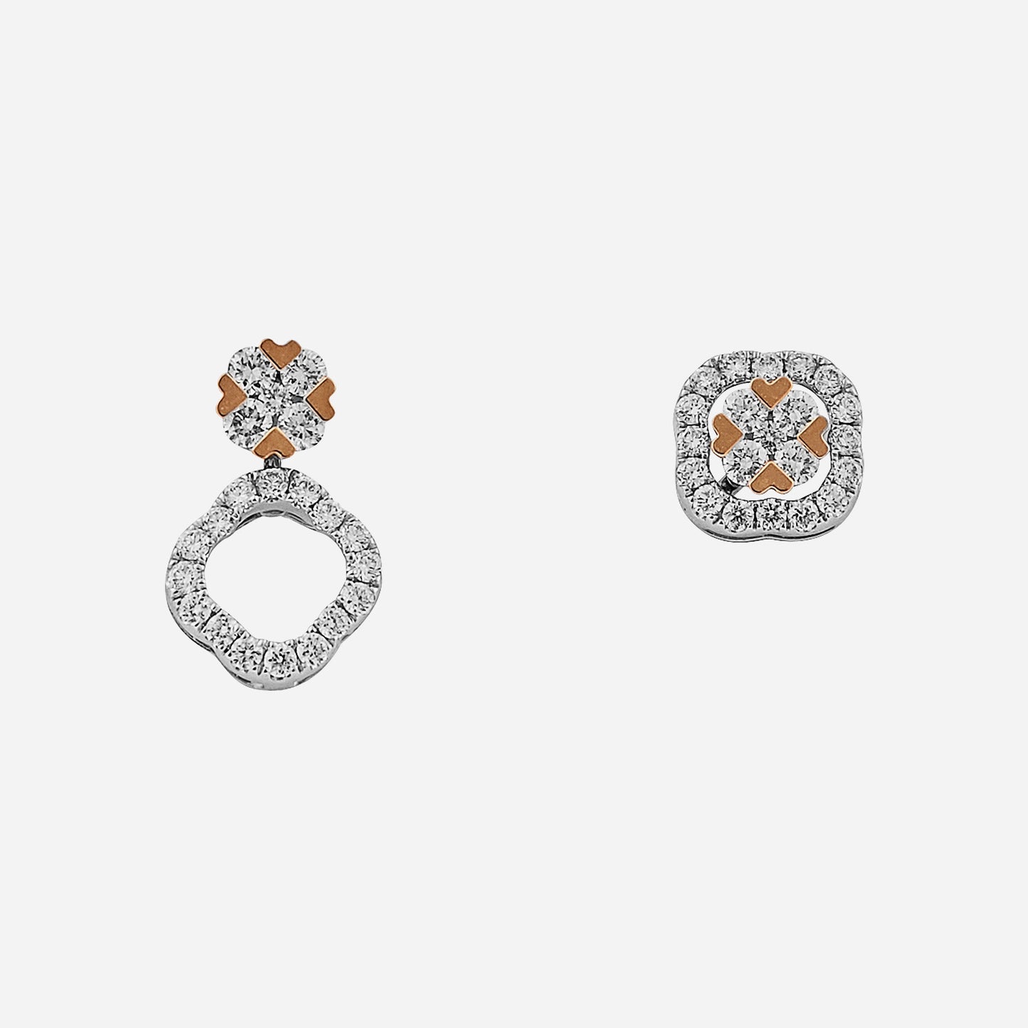 clover halo diamond earrings in white and rose gold with a sparkling diamond design. versatile and elegant.