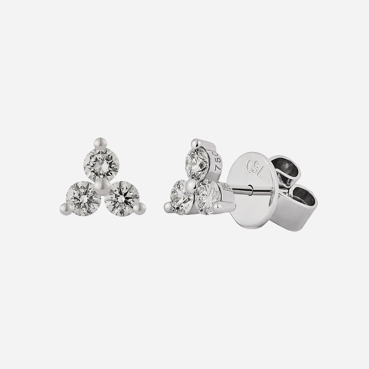 trillium diamond earrings in 18k white gold with three petal flower design and sparkling round diamonds.