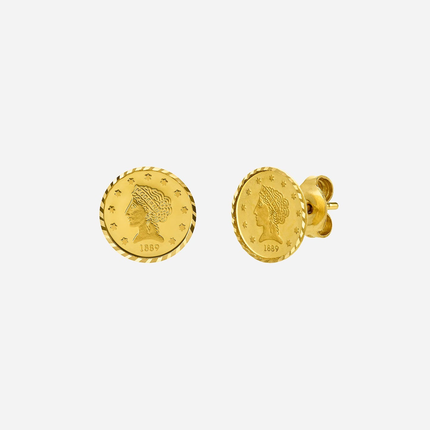 22k yellow gold lady liberty 1889 earrings with a vintage coin design and textured edging for a timeless elegance.