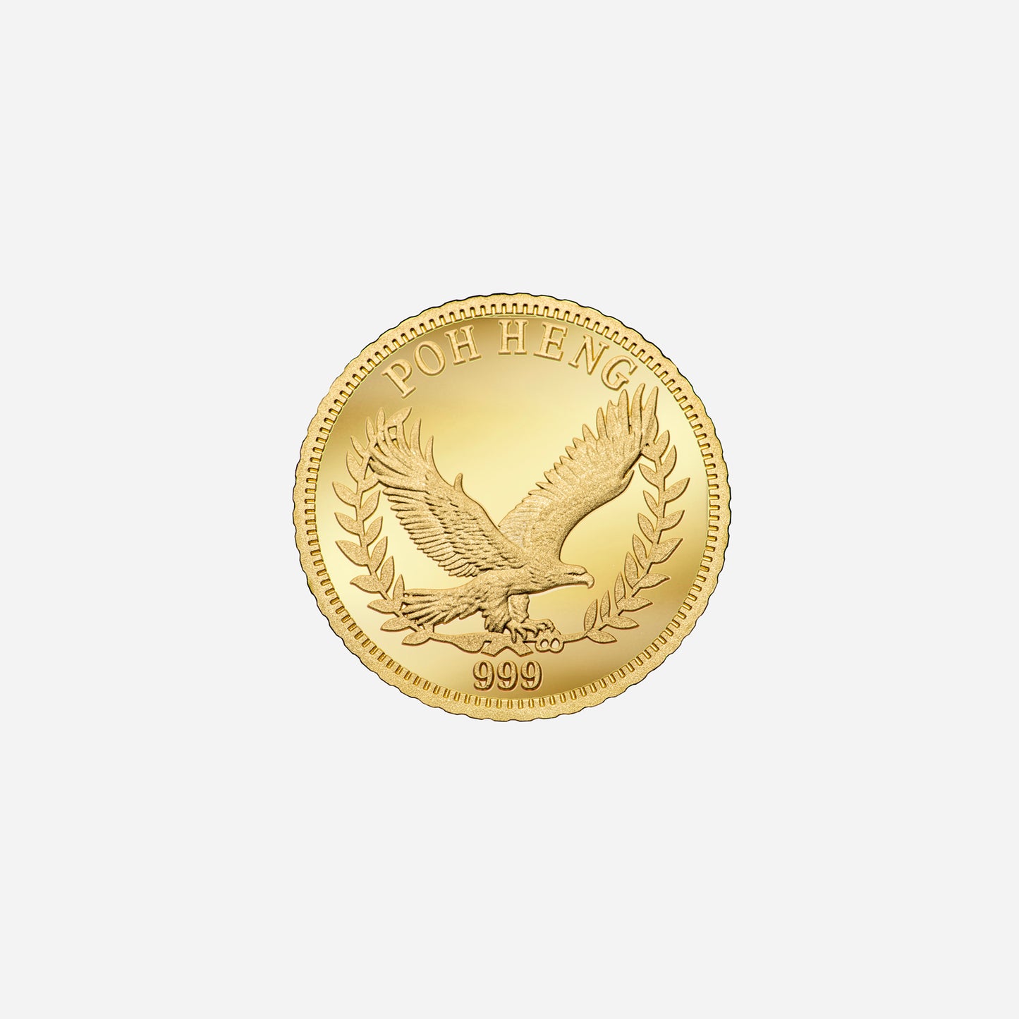 yellow gold medallion featuring an eagle design, surrounded by laurel leaves, polished finish, marked with "poh heng" and "999."